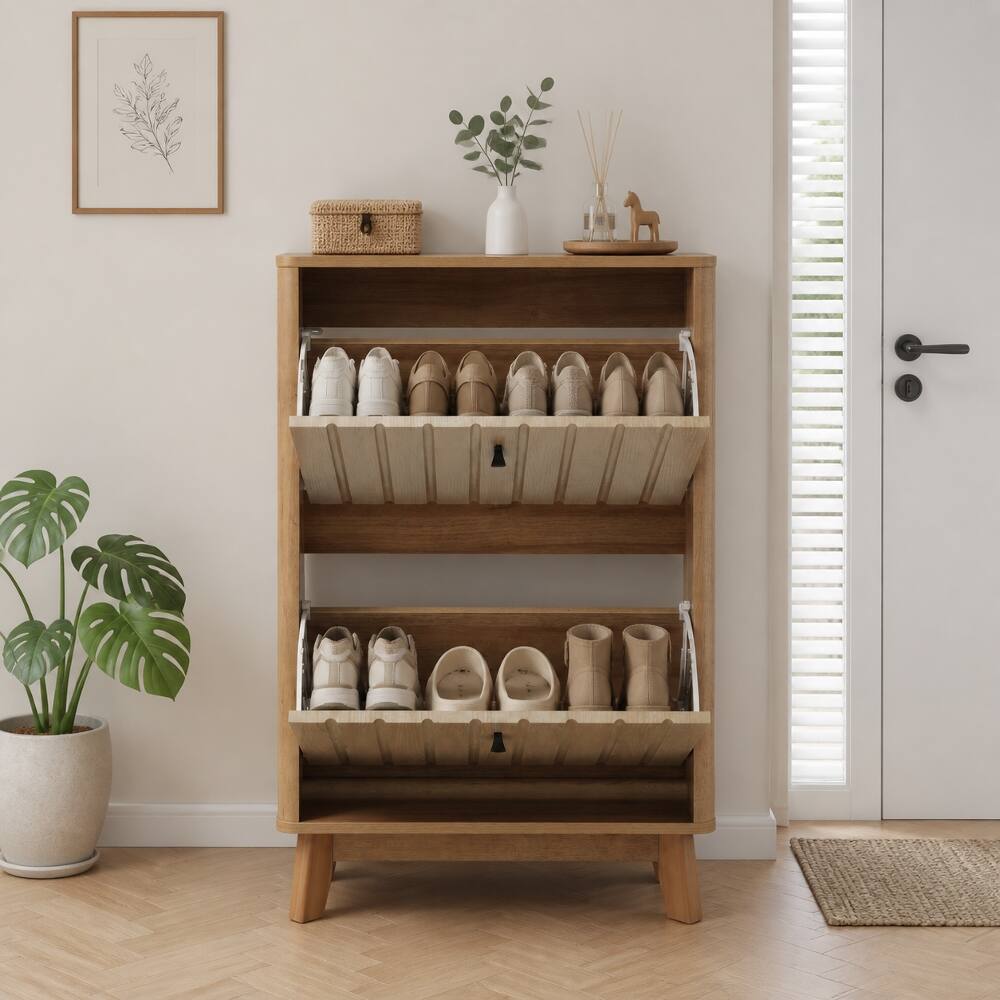 Alt View 1. Loheer - Loheer 23.6 inch entryway shoe cabinet, ultra thin flip down shoe rack in oak finish - Oak.