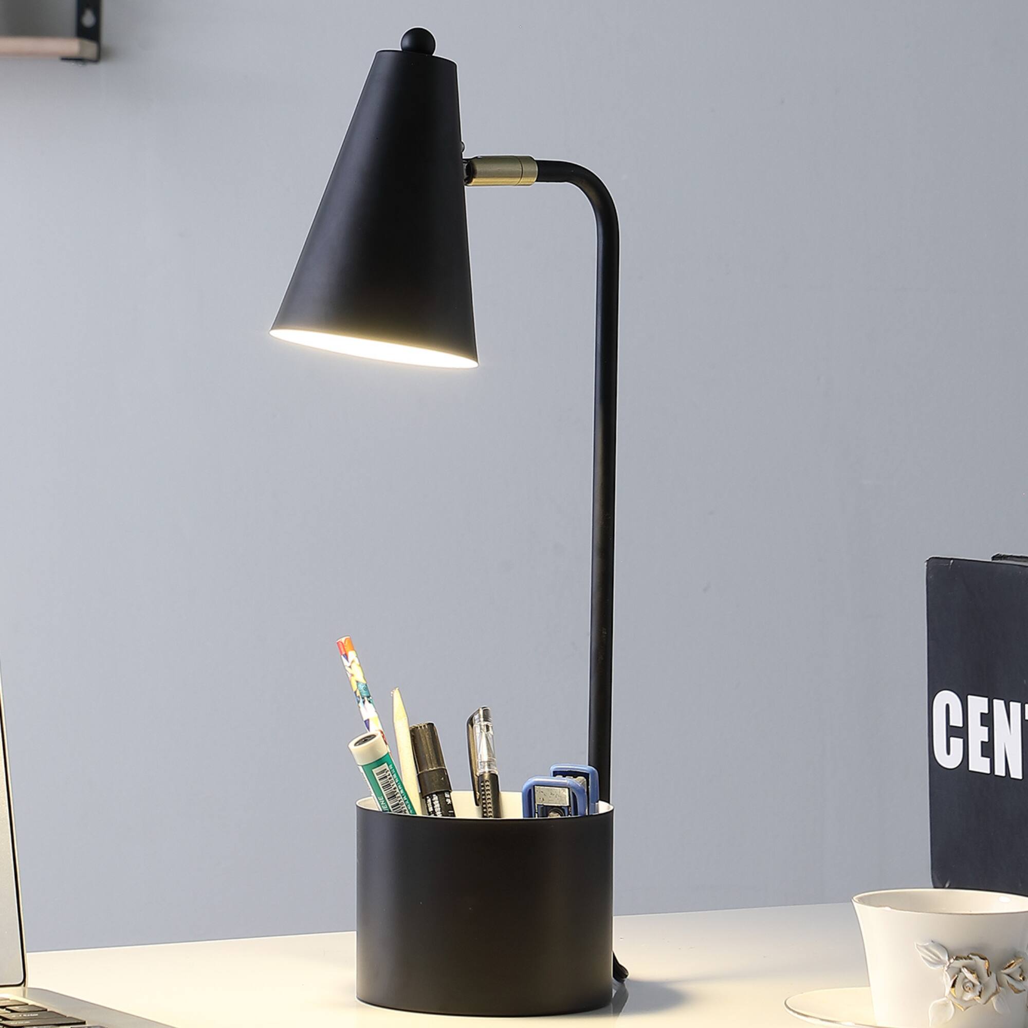 Left. MOOSOO - 19.5" Desk Lamp with Organizer for Students, Black Metal Task Lamp with Organizer - Black.