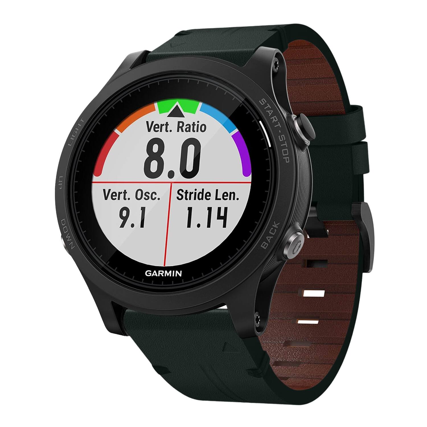 LIGHT UP DOWN  
Vert. Ratio 8.0  
Vert. Osc. 9.1  
Stride Len. 1.14  
GARMIN  
START-STOP  
BACK