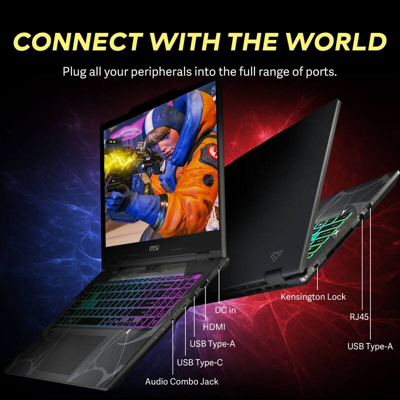 CONNECT WITH THE WORLD  
Plug all your peripherals into the full range of ports.  

- DC in  
- HDMI  
- USB Type-A  
- USB Type-C  
- Audio Combo Jack  
- Kensington Lock  
- RJ45  
- USB Type-A