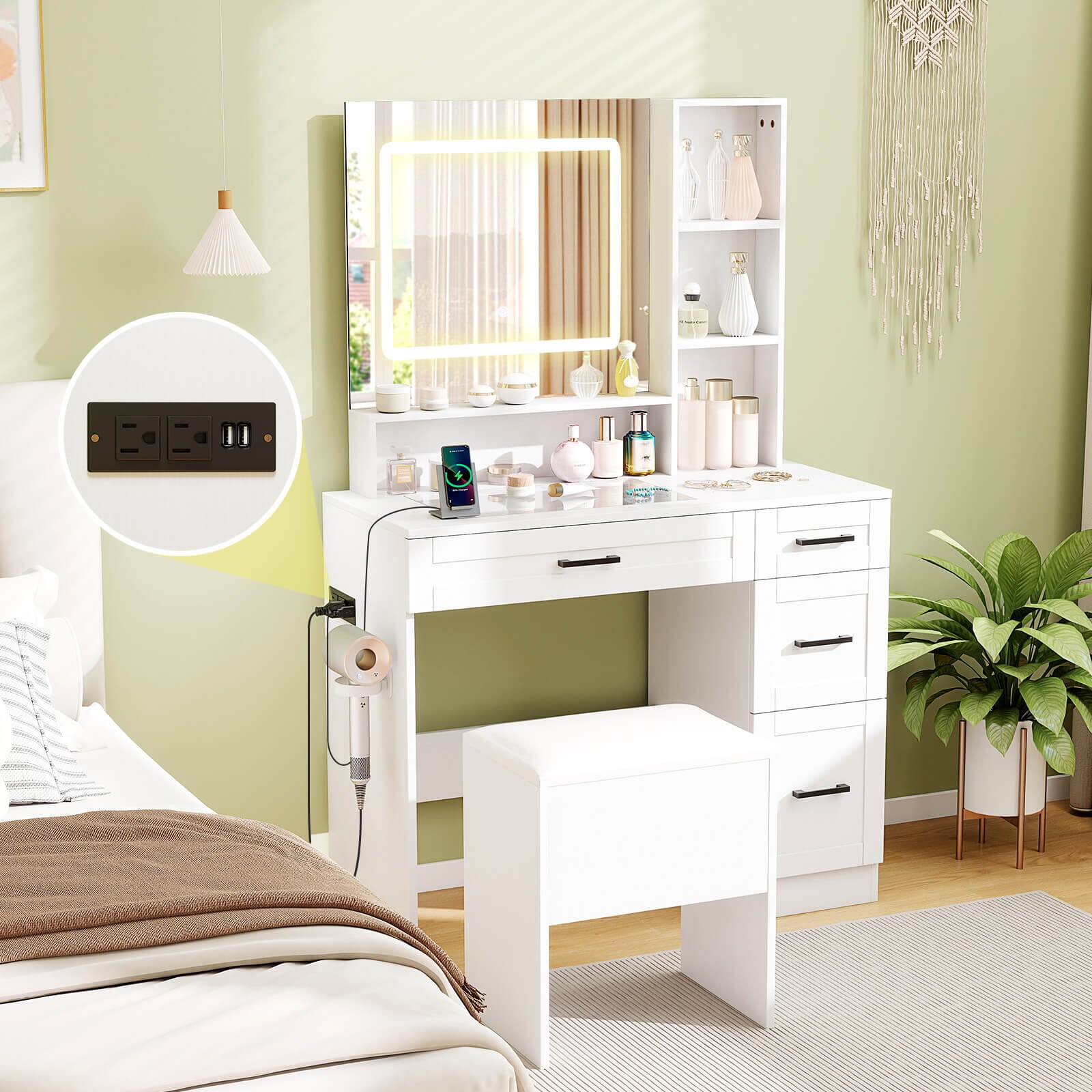 Alt View 1. Costway - Costway 35.5" Makeup Table Set Vanity Desk with Mirror and Lights 2 Open Shelves Glass Top - White.