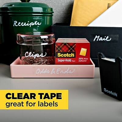 Receipts  
Clips  
Odd & Ends  

Mail  

Scotch  
Super-Hold  
50% More Adhesive  

CLEAR TAPE  
great for labels