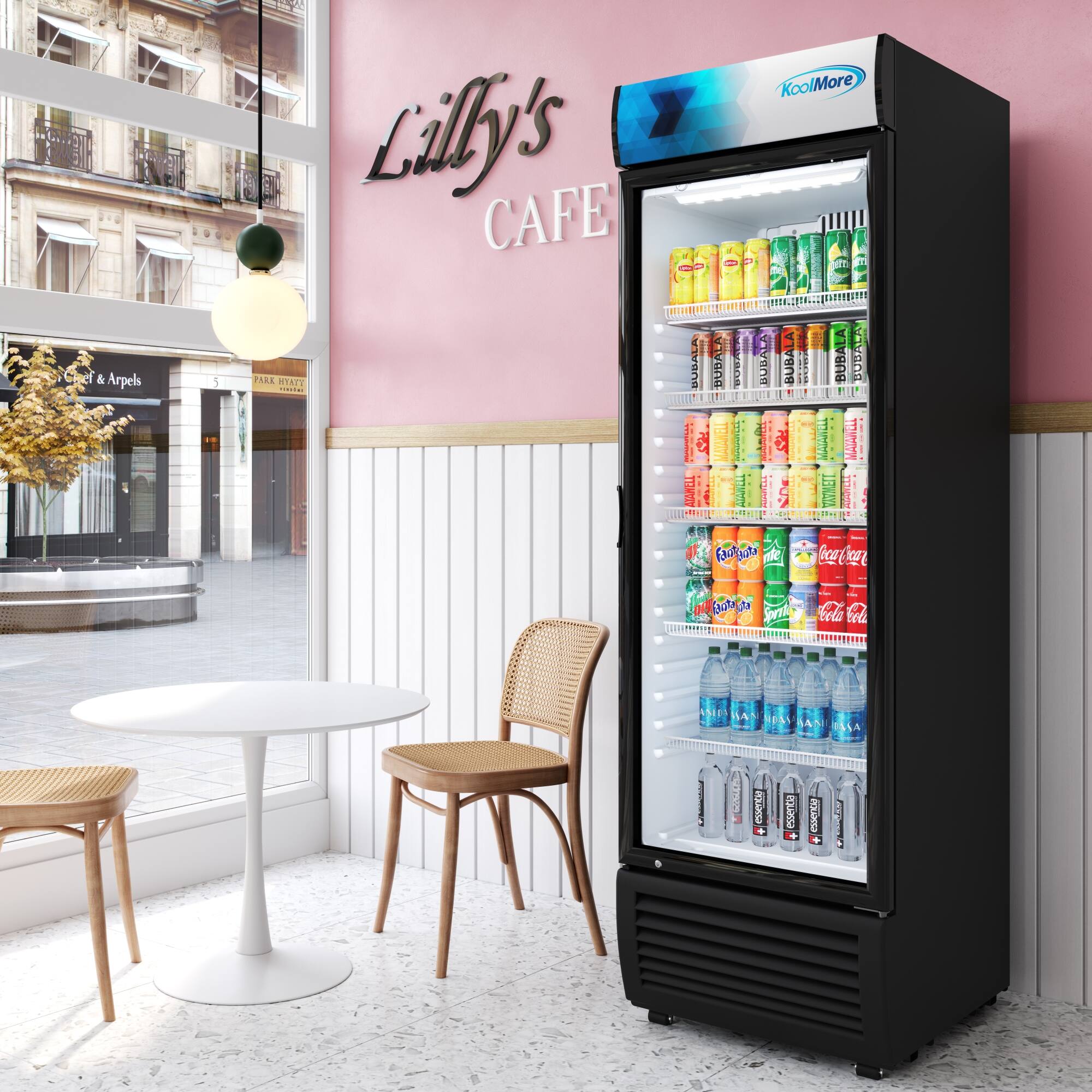 Lilly's Cafe offers a variety of drinks, including Kool-Aid, Aquafina, and Pepsi. The refrigerator is filled with many different drinks, making it a convenient place to grab a beverage.