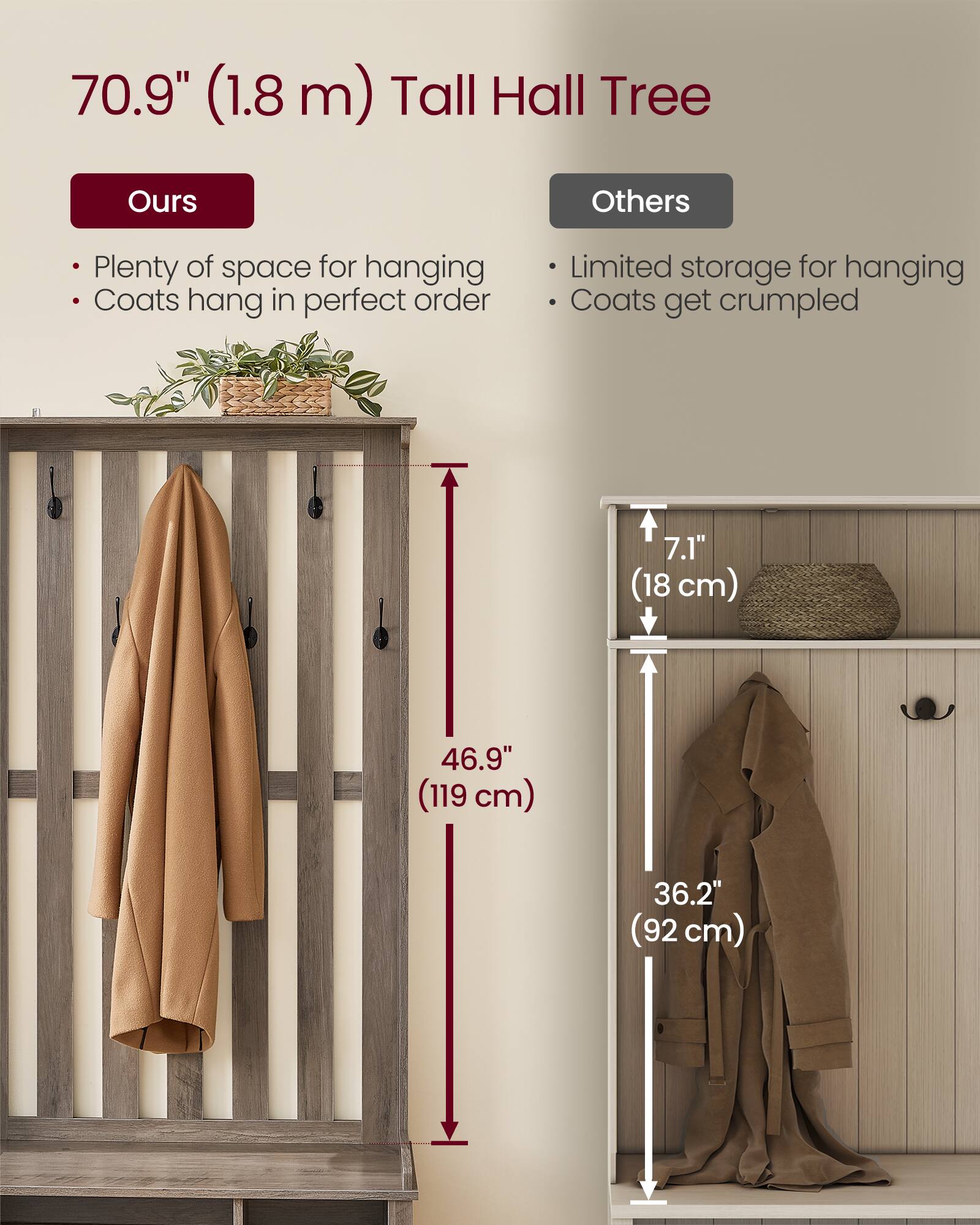 70.9" (1.8 m) Tall Hall Tree

**Ours**
- Plenty of space for hanging
- Coats hang in perfect order

**Others**
- Limited storage for hanging
- Coats get crumpled

7.1" (18 cm)

46.9" (119 cm)

36.2" (92 cm)