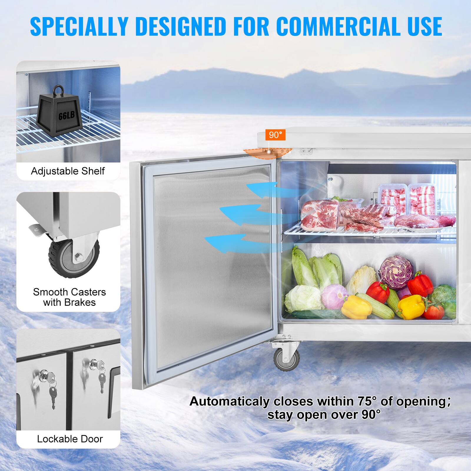 Specially Designed for Commercial Use

- Adjustable Shelf
- Smooth Casters with Brakes
- Lockable Door

Automatically closes within 75° of opening; stay open over 90°