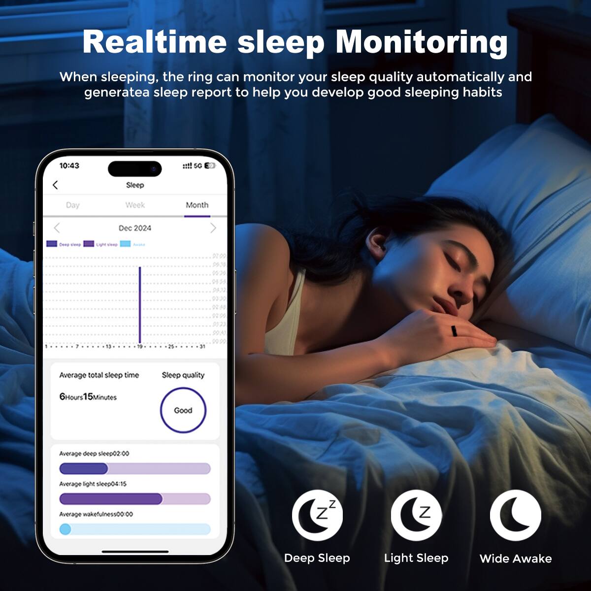 Realtime sleep Monitoring

When sleeping, the ring can monitor your sleep quality automatically and generate a sleep report to help you develop good sleeping habits.

Average total sleep time: 6 Hours 15 Minutes

Sleep quality: Good

Average deep sleep: 02:00

Average light sleep: 04:15

Average wakefulness: 00:00

Deep Sleep

Light Sleep

Wide Awake
