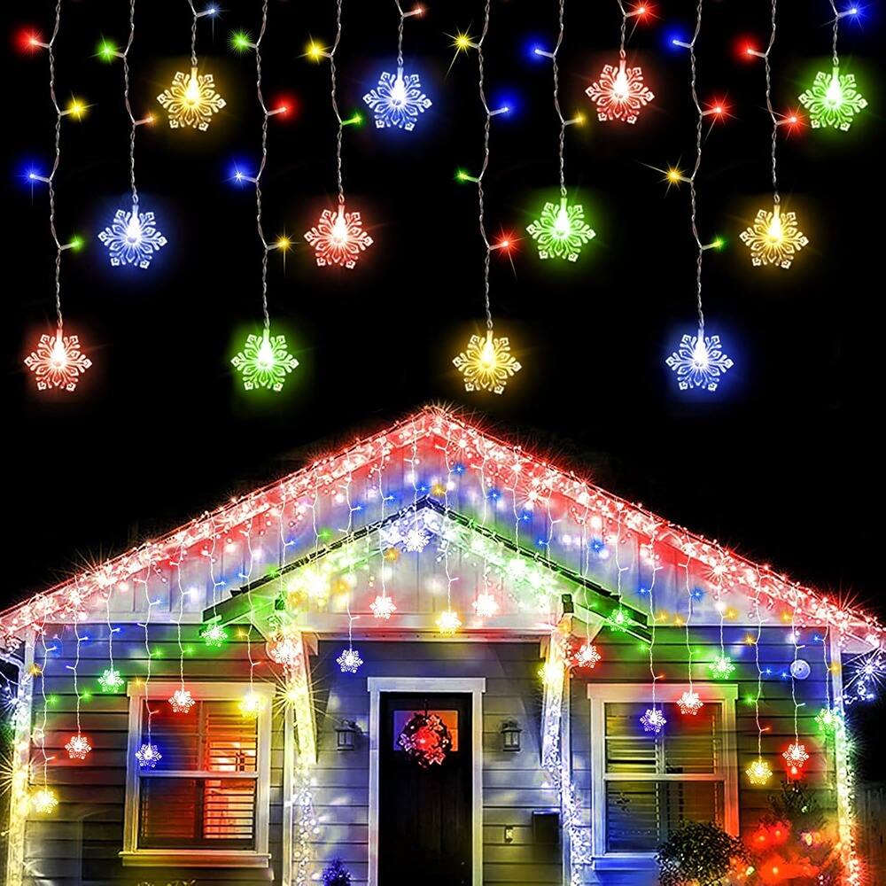 MOSZAR LLC - 29.5ft 360 LED Multicolor Icicle Curtain Lights with Snowflakes, 8 Modes, Waterproof