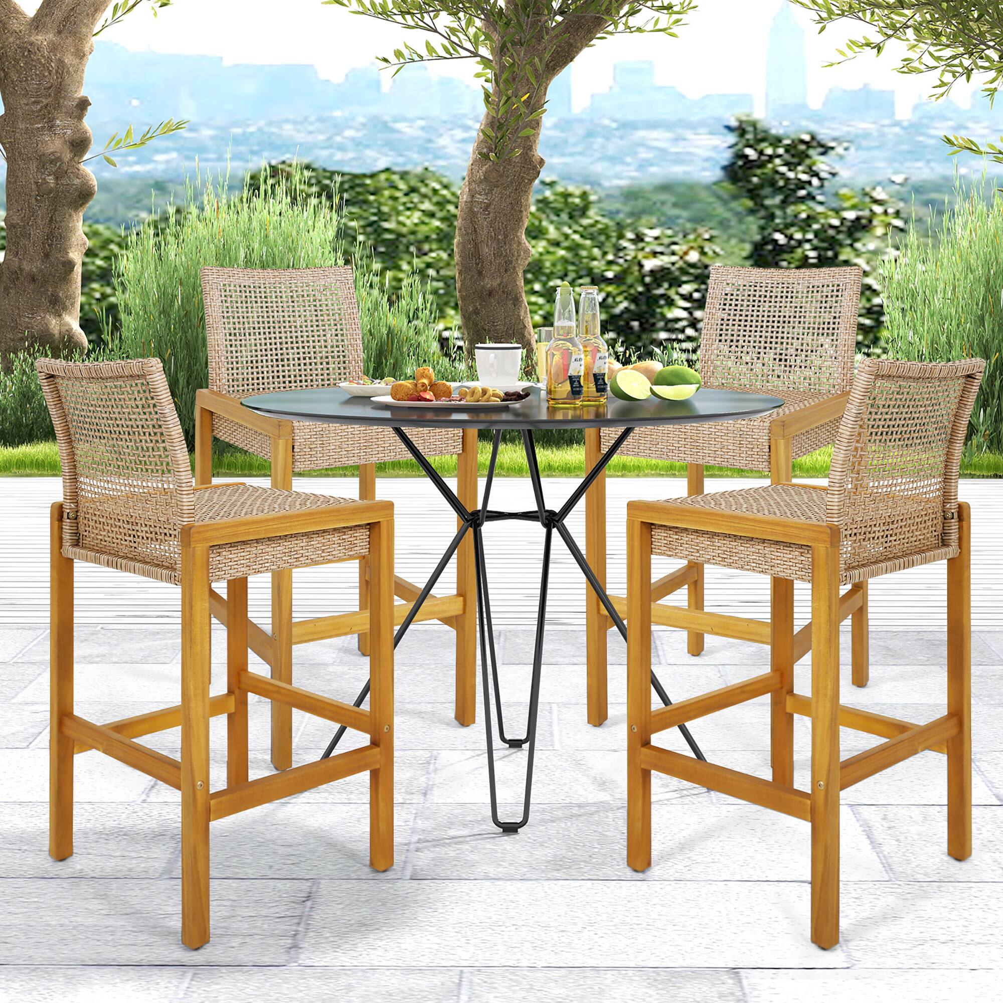 Alt View 3. Gymax - Gymax Wicker Bar Stools Set of 4 Patio Chairs w/ Solid Wood Frame & Ergonomic Footrest Light Brown - Light Brown, Teak.