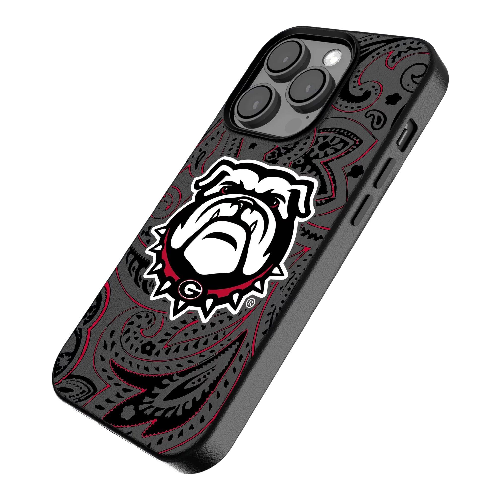 Alt View 1. Keyscaper - Georgia Bulldogs Paisley iPhone Magnetic Bump Case - 15 Pro - Black.