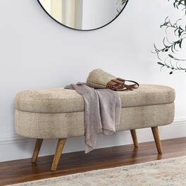 Ropilly - Oval Storage Bench Pleated Fabric Ottoman with Rubber Wood Legs - Brown