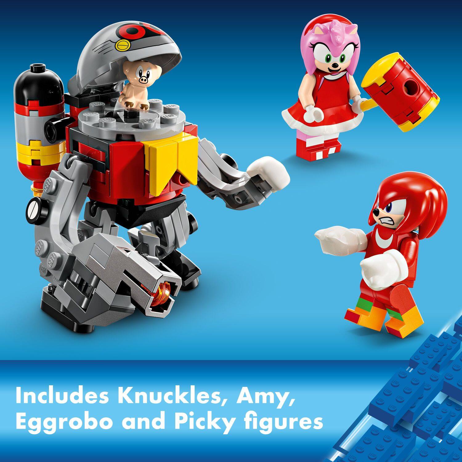 The text on the image reads: "Includes Knuckles, Amy, Eggrobo and Picky figures."
