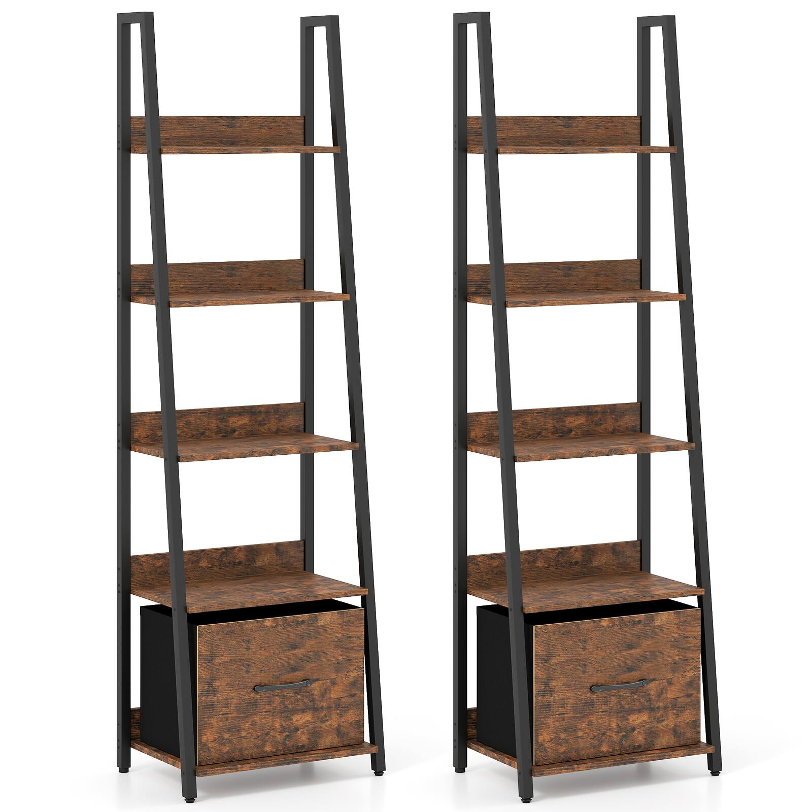 Alt View 9. Costway - Costway 2 Pcs Ladder Bookshelf,Industrial Freestanding Bookcase with Removable Fabric Drawer - Rustic Brown.
