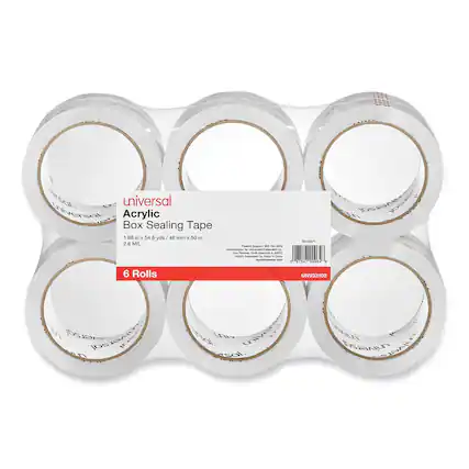 Universal
Acrylic Box Sealing Tape
1.85 in x 54.6 yds / 48 mm x 50 m
2.6 MIL
6 Rolls
UNV33102