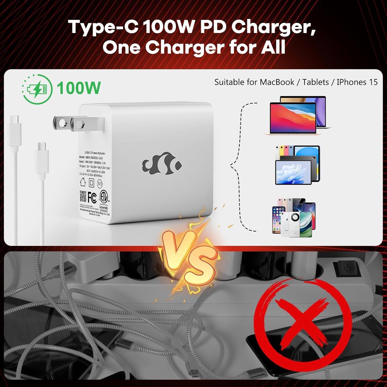 Type-C 100W PD Charger, One Charger for All

100W

Suitable for MacBook / Tablets / iPhones 15

Model: USB-C Power Adapter
Input: 100-240V~50/60Hz 1.5A
Output: 5V/3A, 9V/3A, 12V/3A, 15V/3A, 20V/5A
Model No.: 15I-JA20-1329
Made in China

FC, CE, RoHS

13.5*100*36.4mm