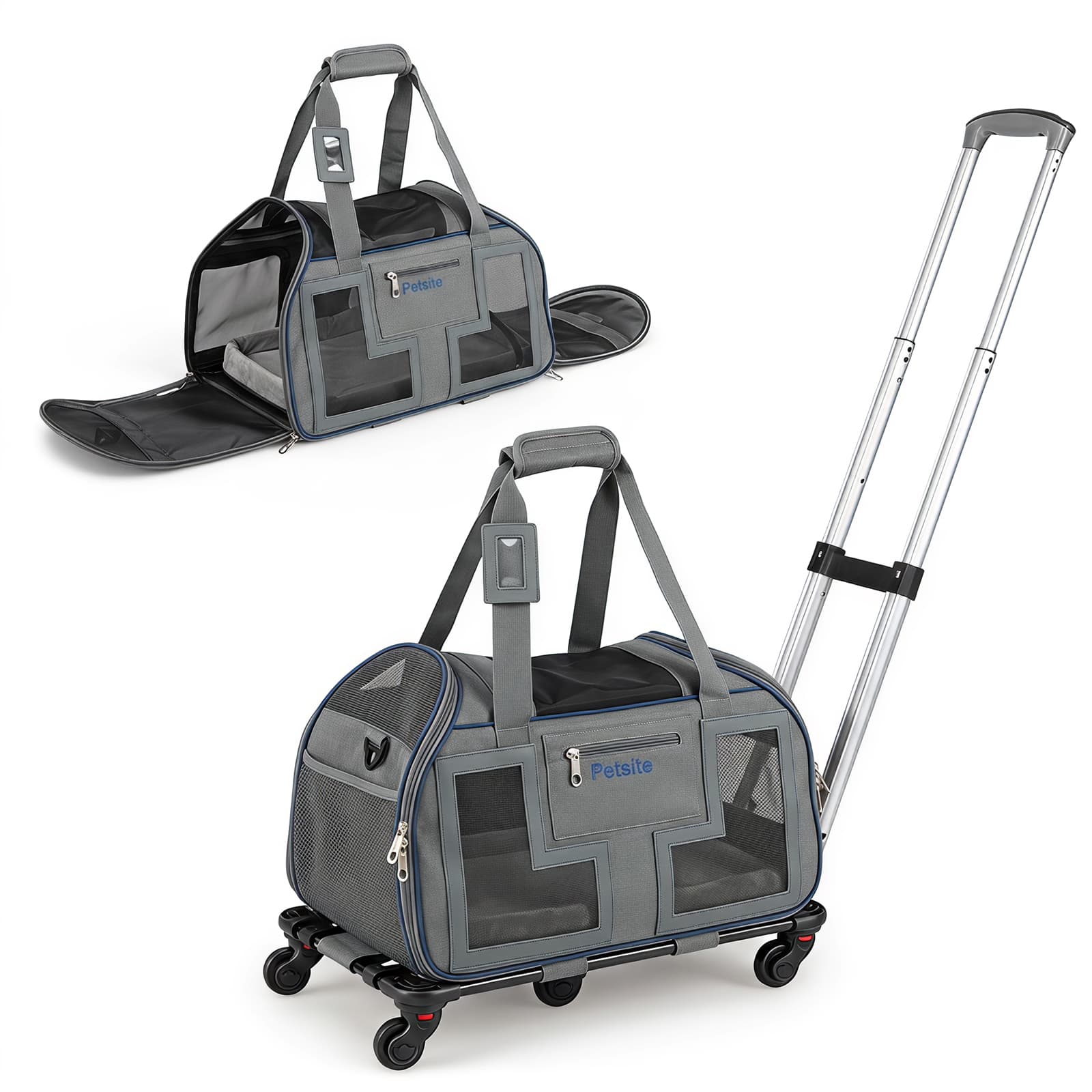 Costway - Rolling Pet Carrier with Wheels Padded Carry Handle Telescopic Handle Safety Leash - Gray + Black + Blue price history on PriceWatchPro