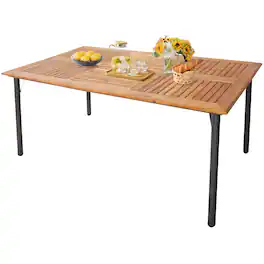 Costway - Patio Rectangular Acacia Wood Dining Table with 1.9"Umbrella Hole Indoor&Outdoor - Natural,Black
