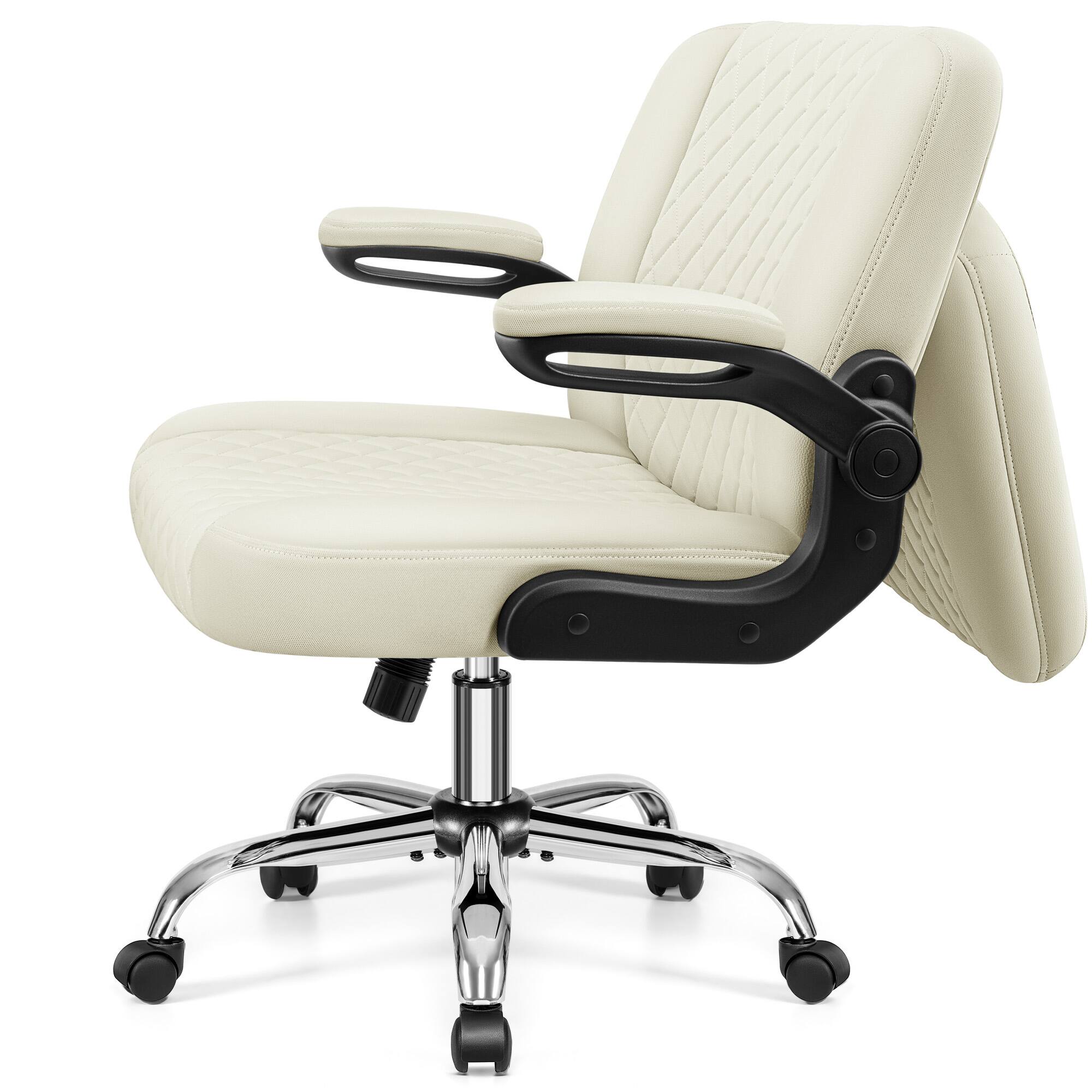 Left. KERDOM - Ergonomic Home Office Chair with Flip Backrest, Thick Cushion Back Pain Relief, PU Leather Swivel Wide Seat Vanity Chair - White.