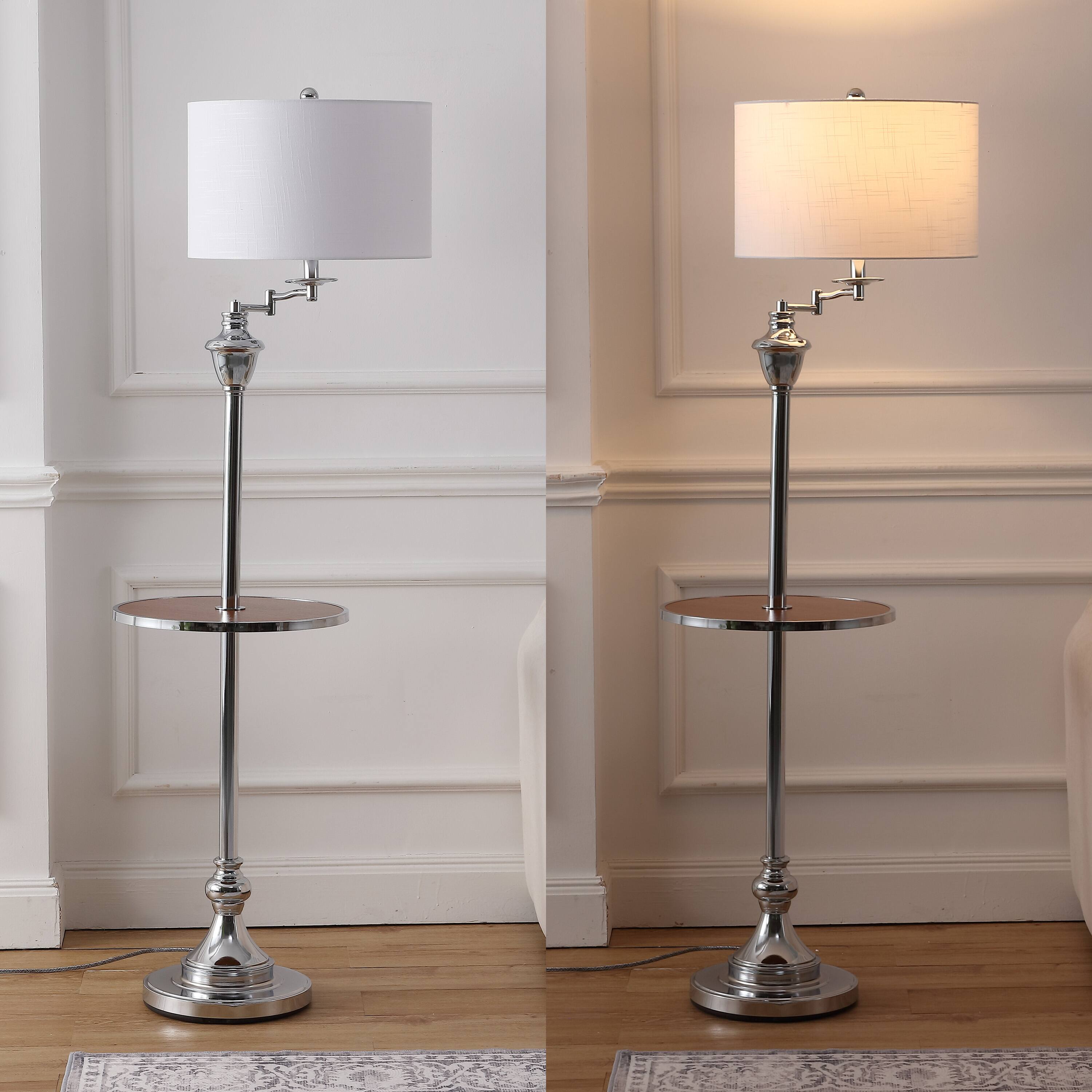 Alt View 3. Jonathan Y - Cora 60" Modern Metal LED Floor Lamp with Integrated Wood Side Table and Swing Arm, Chrome/Brown Wood - Chrome/Brown Wood.