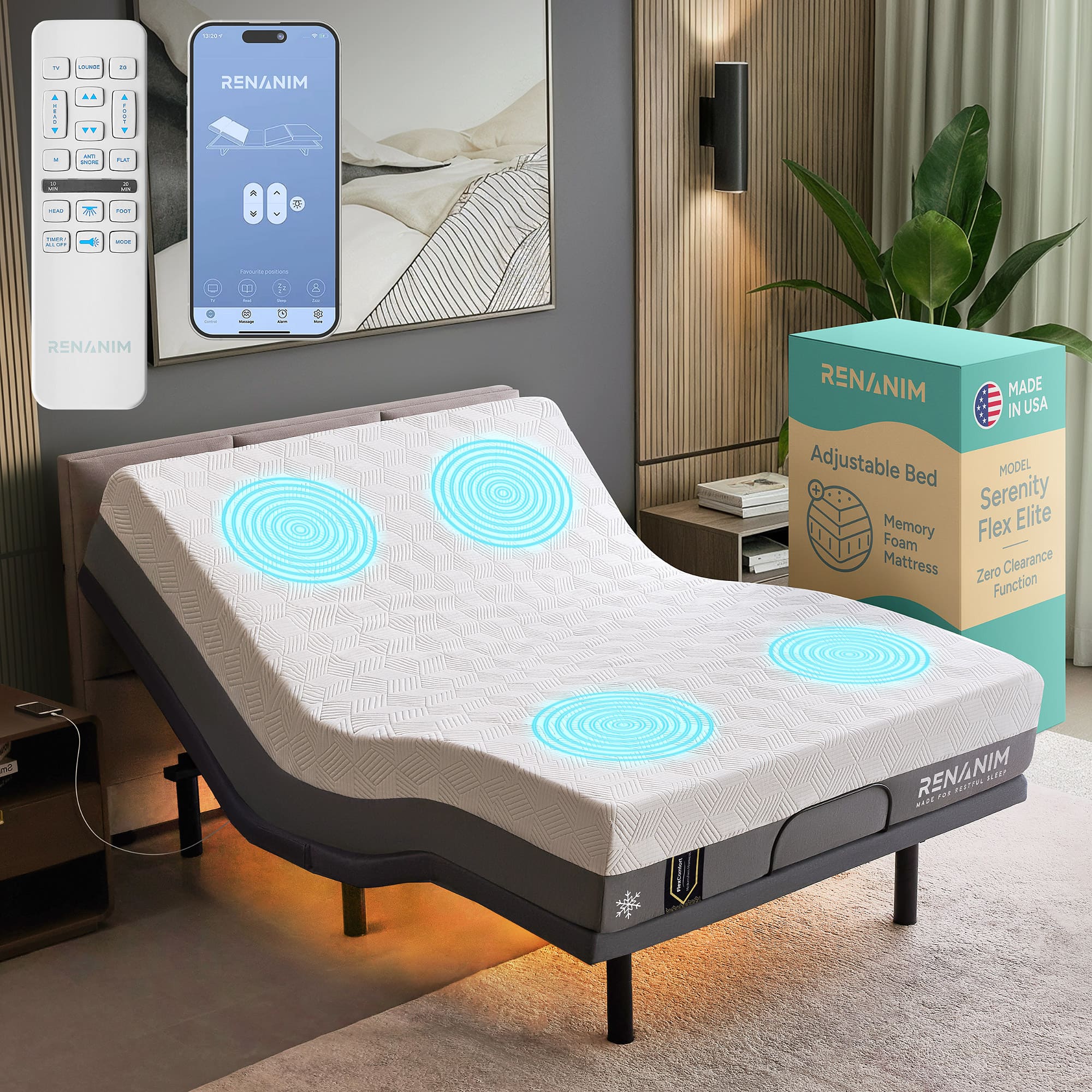 Renanim - SFE Full Adjustable Electric Bed Frame with 14" Memory Foam Mattress, Massage, USB, Remote & UnderBed Light - Gray