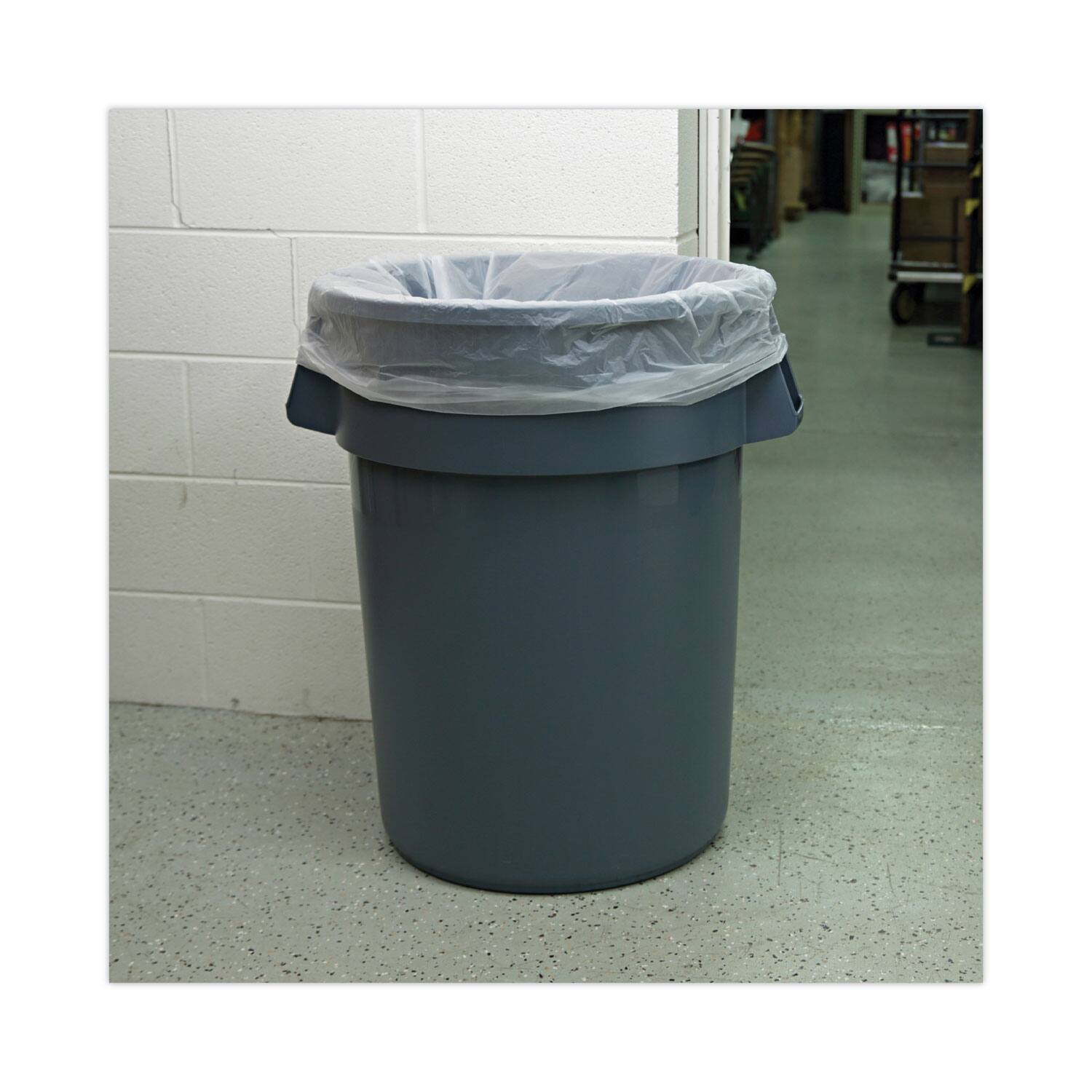Back. Boardwalk - Round Waste Receptacle, 44 gal, Plastic, Gray.