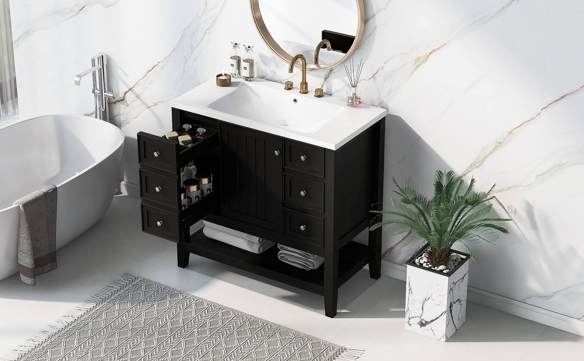 Alt View 9. Tiramisubest - 36" Bathroom Vanity with Sink Combo, One Cabinet and Three Drawers, Solid Wood and MDF Board, Black - Black.