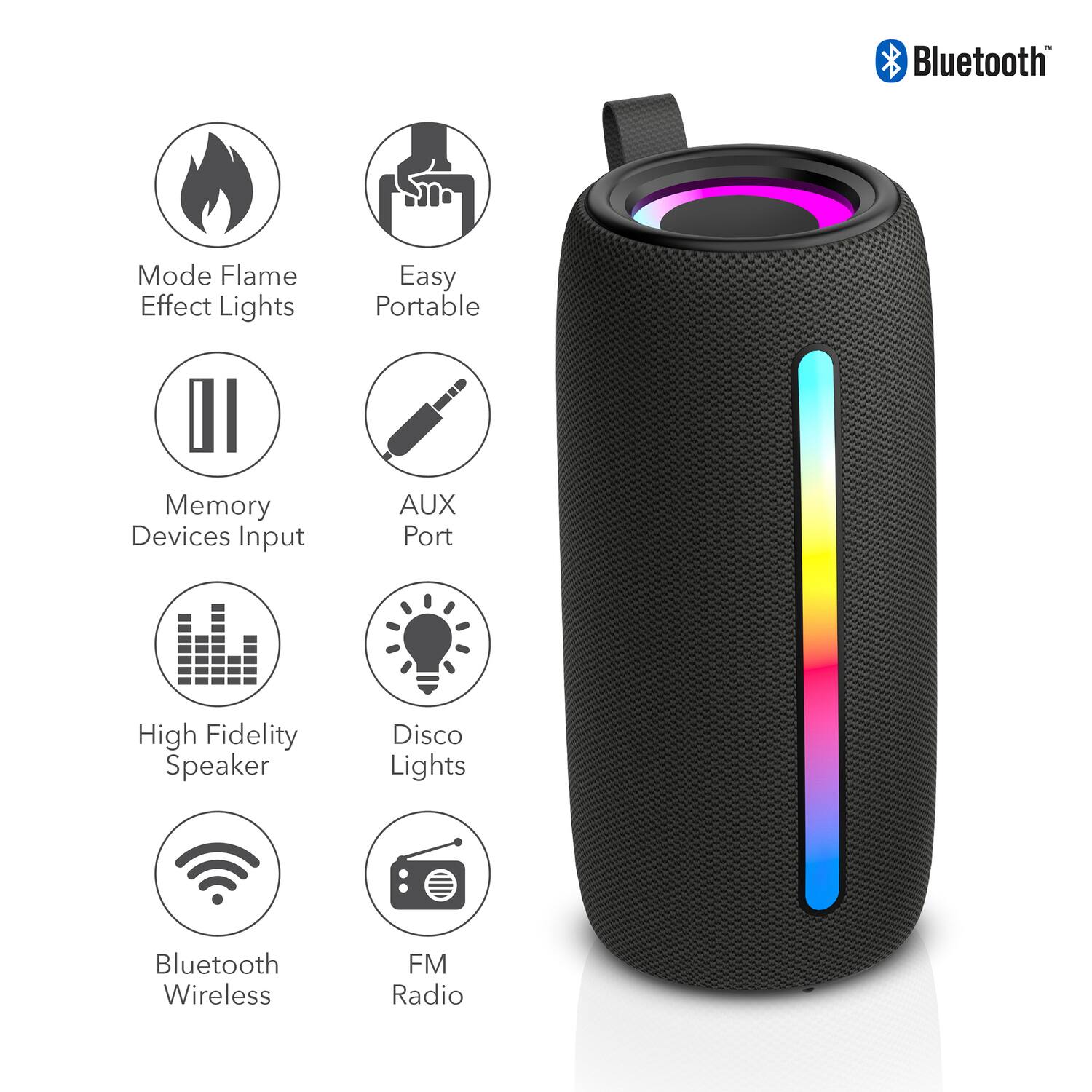 Bluetooth Mode Flame Effect Lights Easy Portable Memory Devices Input AUX Port High Fidelity Speaker Disco Lights Bluetooth Wireless FM Radio