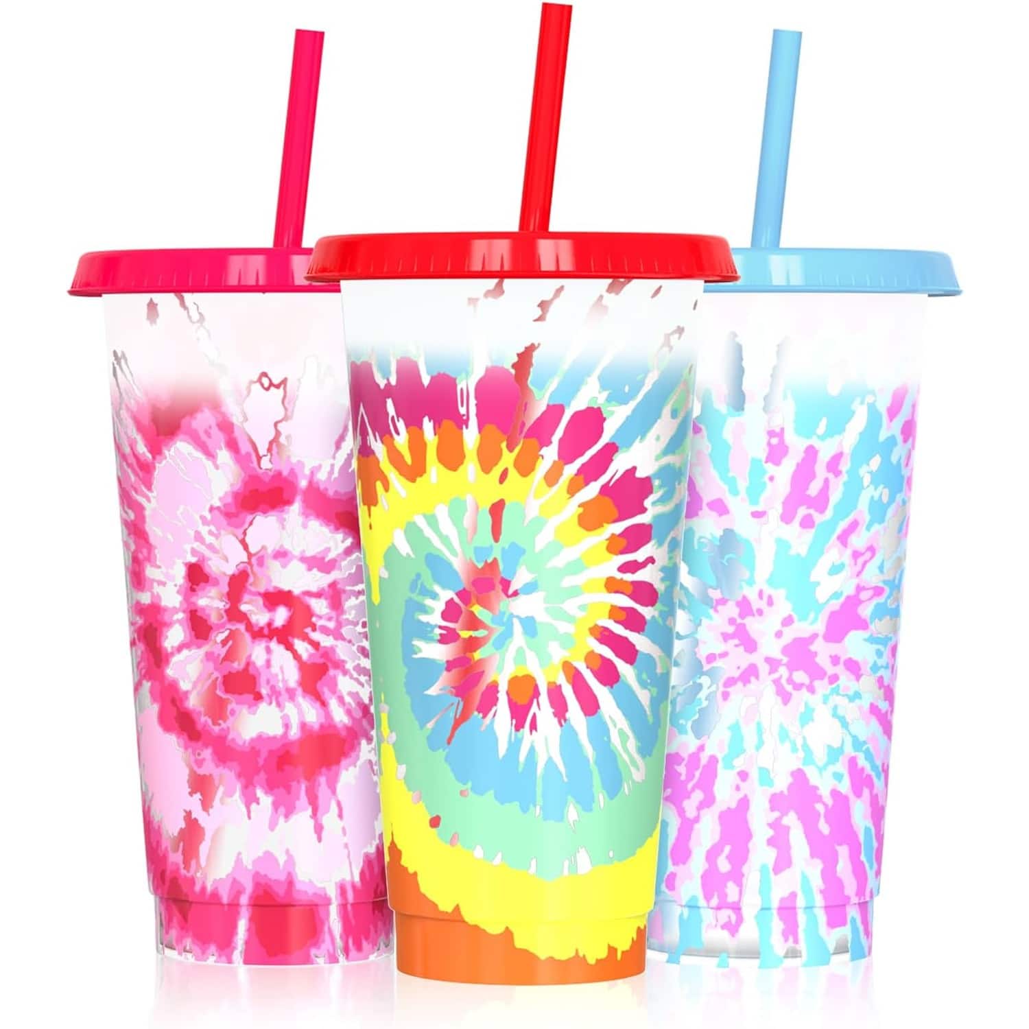 PARKER SLATER - 3-pack tie-dye style color changing plastic cups with lids and straws, BPA-free reusable tumblers for cold drinks - Tie Dye