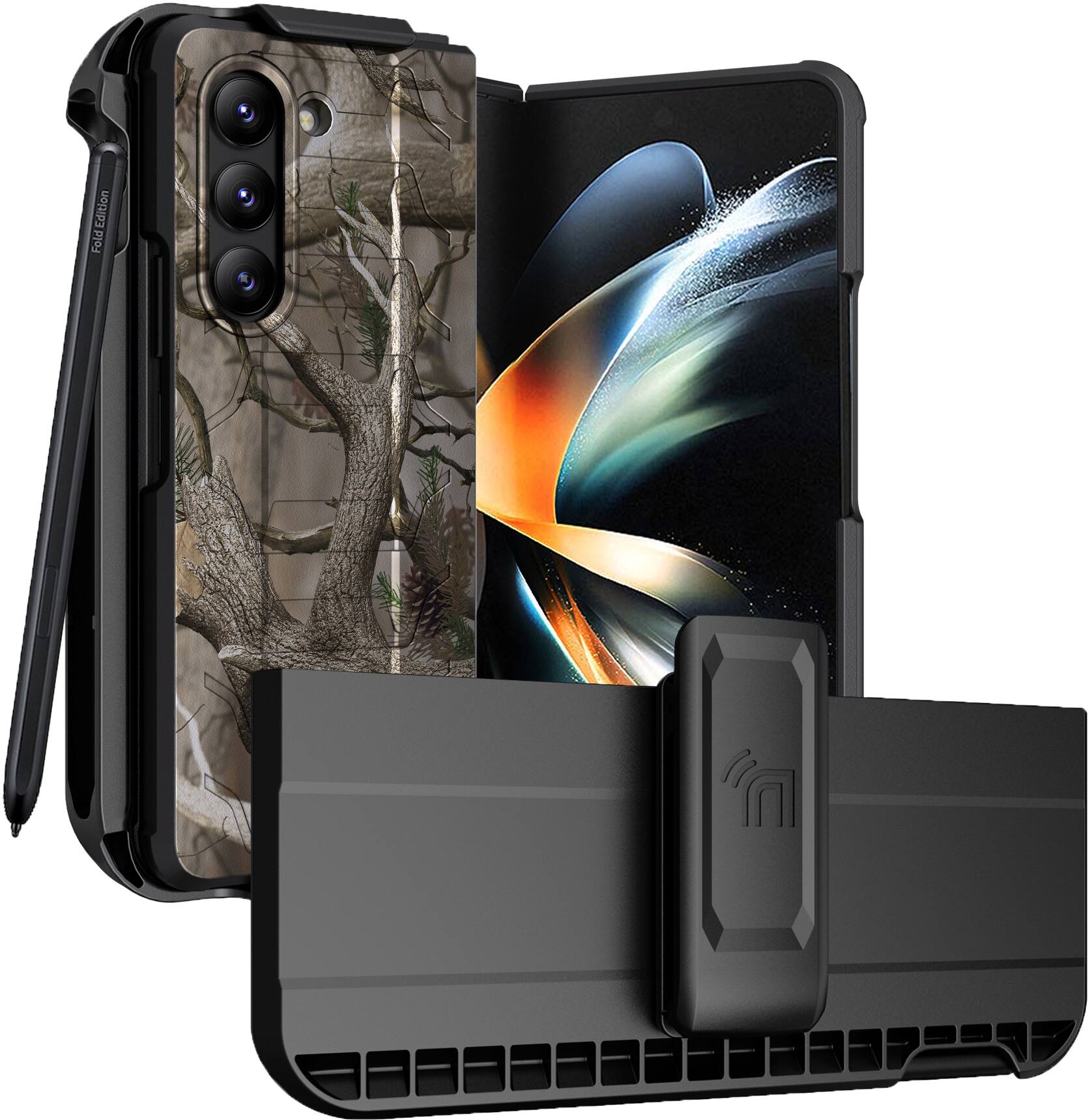 Nakedcellphone - Combo for Samsung Galaxy Z Fold 5 - Special Ops Case and Belt Clip Holster - Camouflage