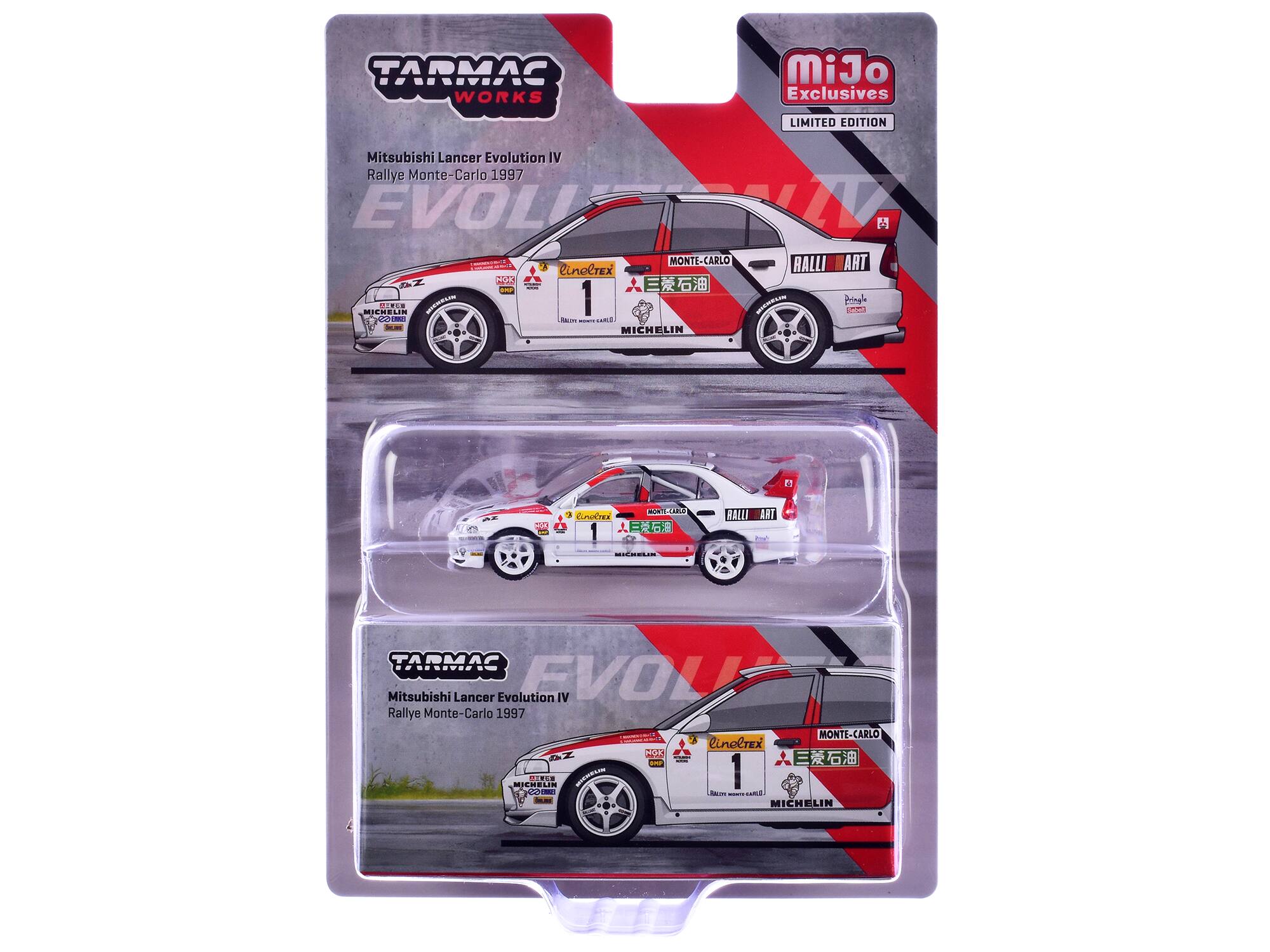TARMAC WORKS  
MiJo Exclusives  
LIMITED EDITION  
Mitsubishi Lancer Evolution IV Rallye Monte-Carlo 1997  

MIGNELIN MICHOLINE 10.00  
COX  
MONTE-CARLO lineltex 1 JEALITY - 918mg MICHELIN  
RALLI ART HIGHNANG Pringle  

2016 2015 EARLO CinoCrai  
BALLI ART BLANKIN  
TARMAS EVOLU Mitsubishi Lancer Evolution IV Rallye Monte-Carlo 1997 MONTE-CARLO lineltex NON MICHELIN MARRO NIEWELIN 1 Bav.ru - FIBLE MICHELIN