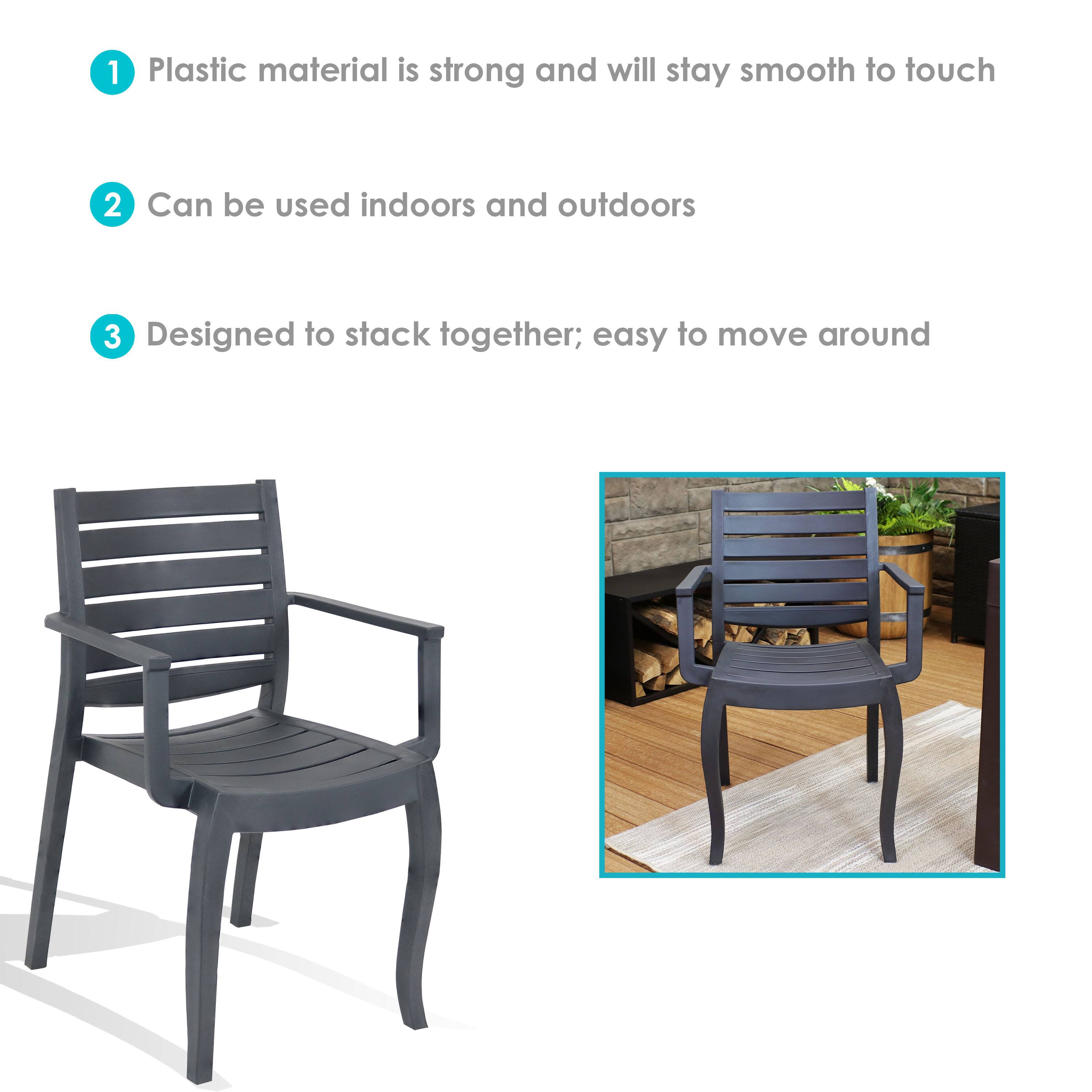 1. Plastic material is strong and will stay smooth to touch  
2. Can be used indoors and outdoors  
3. Designed to stack together; easy to move around