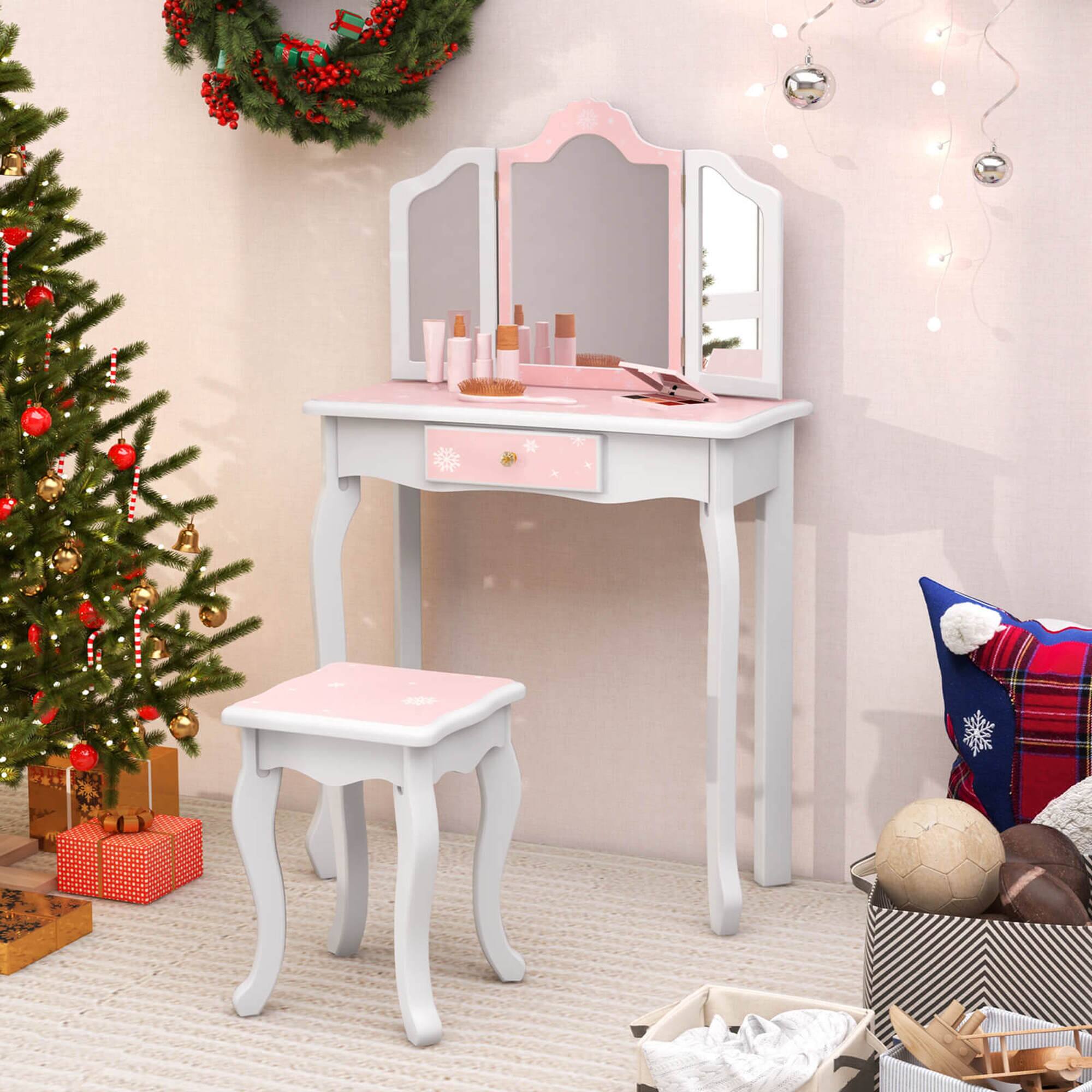Alt View 3. Costway - Costway Kids Vanity Set Toddler Makeup Table & Stool with Tri-folding Mirror Drawer - Pink.