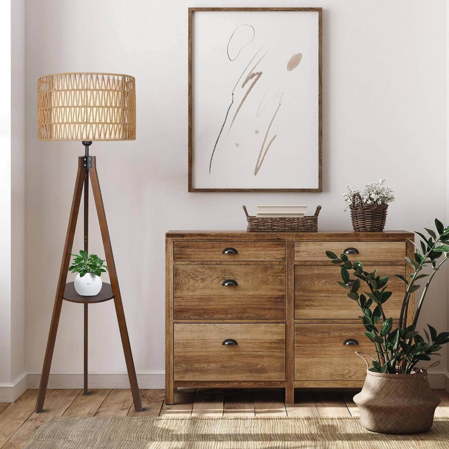 Left. MERAVOM - Boho Tripod Floor Lamp with Shelves, Mid Century Wood Standing Lamp with Rattan & Fabric Shades for Living Room Bedroom - Brown.