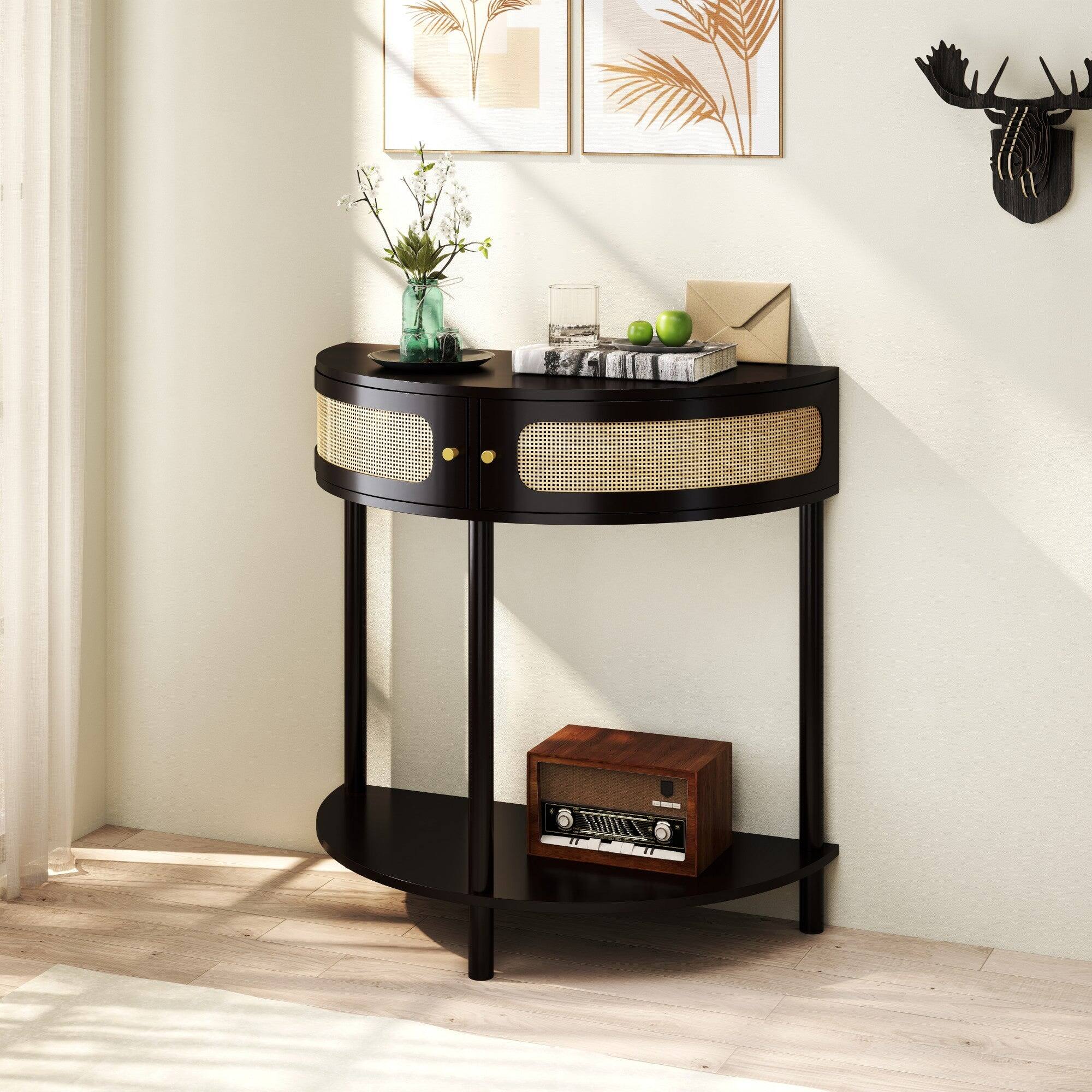 Alt View 4. Boyel Living - 31.88 in Boho Half Moon Console Table with Sliding Rattan Doors and Bottom Shelf Black - Black.