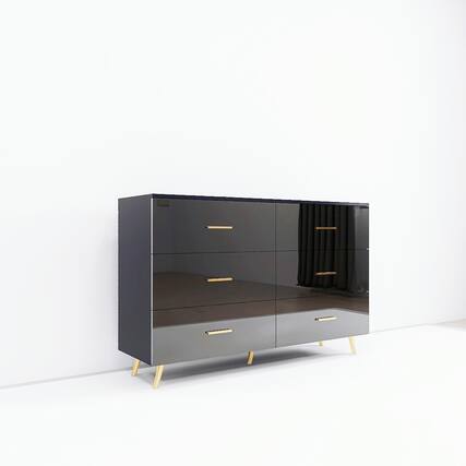 Front. Spaco - Spaco High Glossy Surface 6 Drawers Chest of Drawer with Golden Handle,Golden Steel Legs Vanity for Bedroom,Living Room - Black.