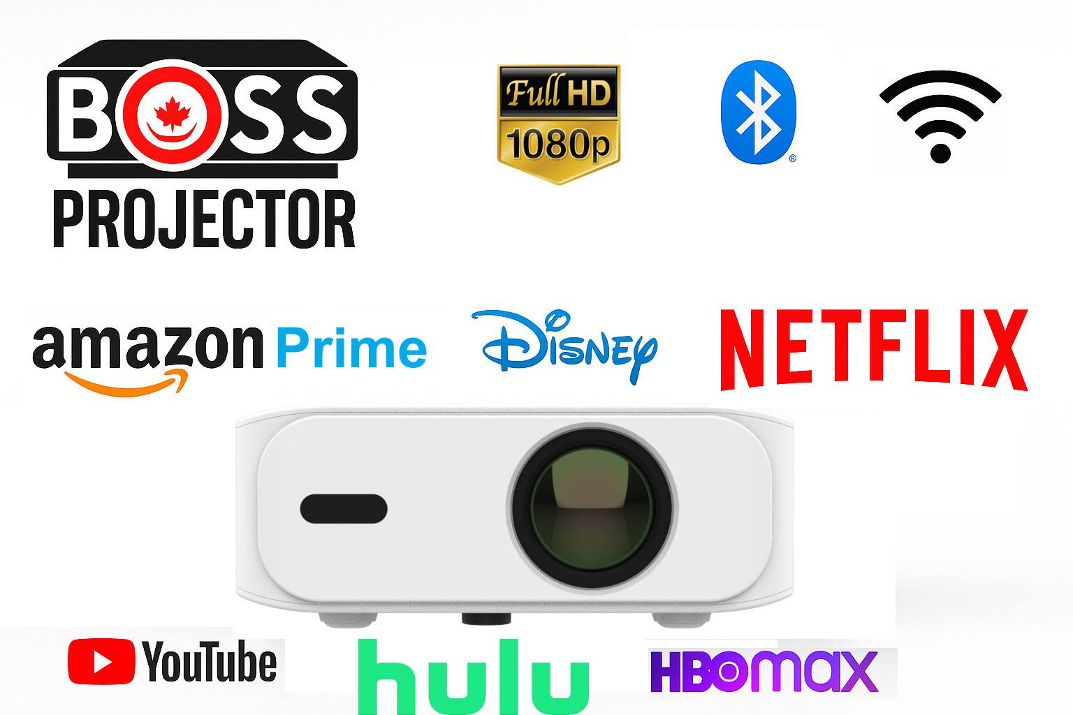 BOSS PROJECTOR  
Full HD 1080p  
amazon Prime  
Disney  
NETFLIX  
YouTube  
hulu  
HBOMAX