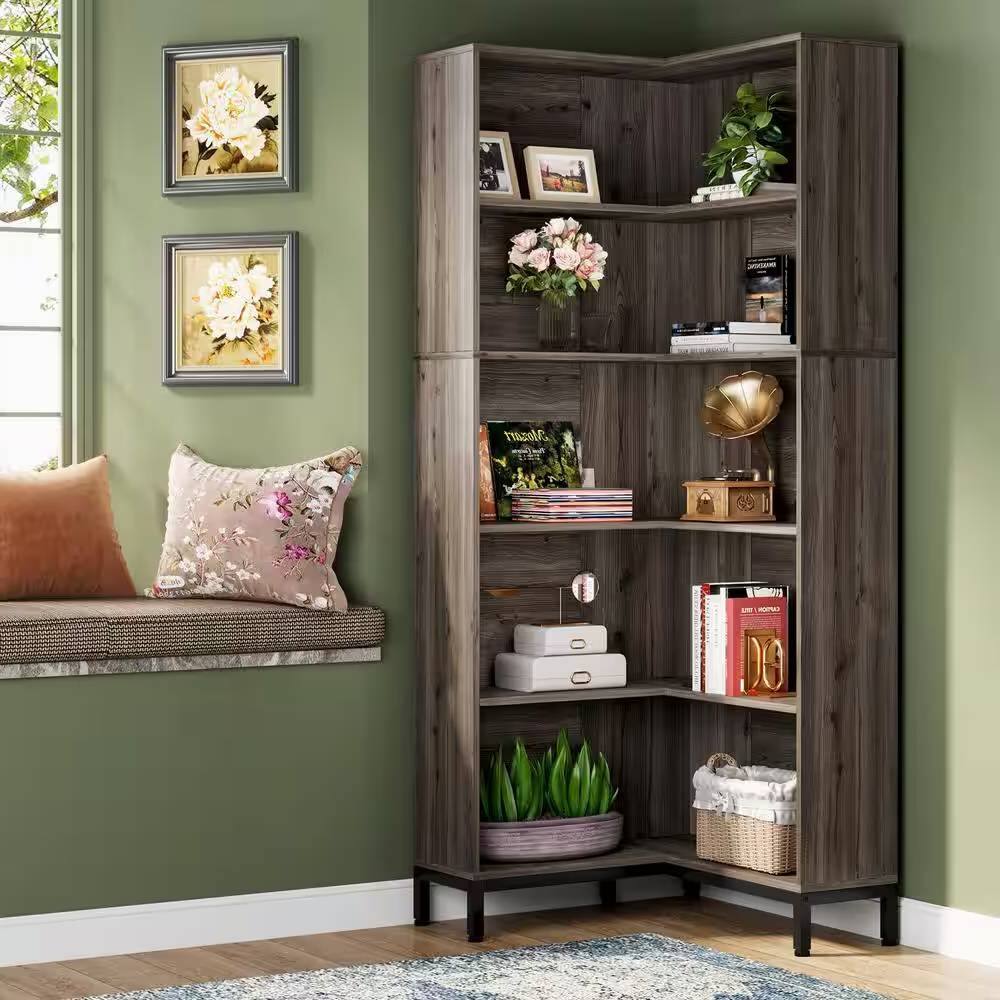 Angle. Hivvago - 71-inch High Corner Bookcase Bookshelf in Dark Gray Wood Finish - Dark Gray.