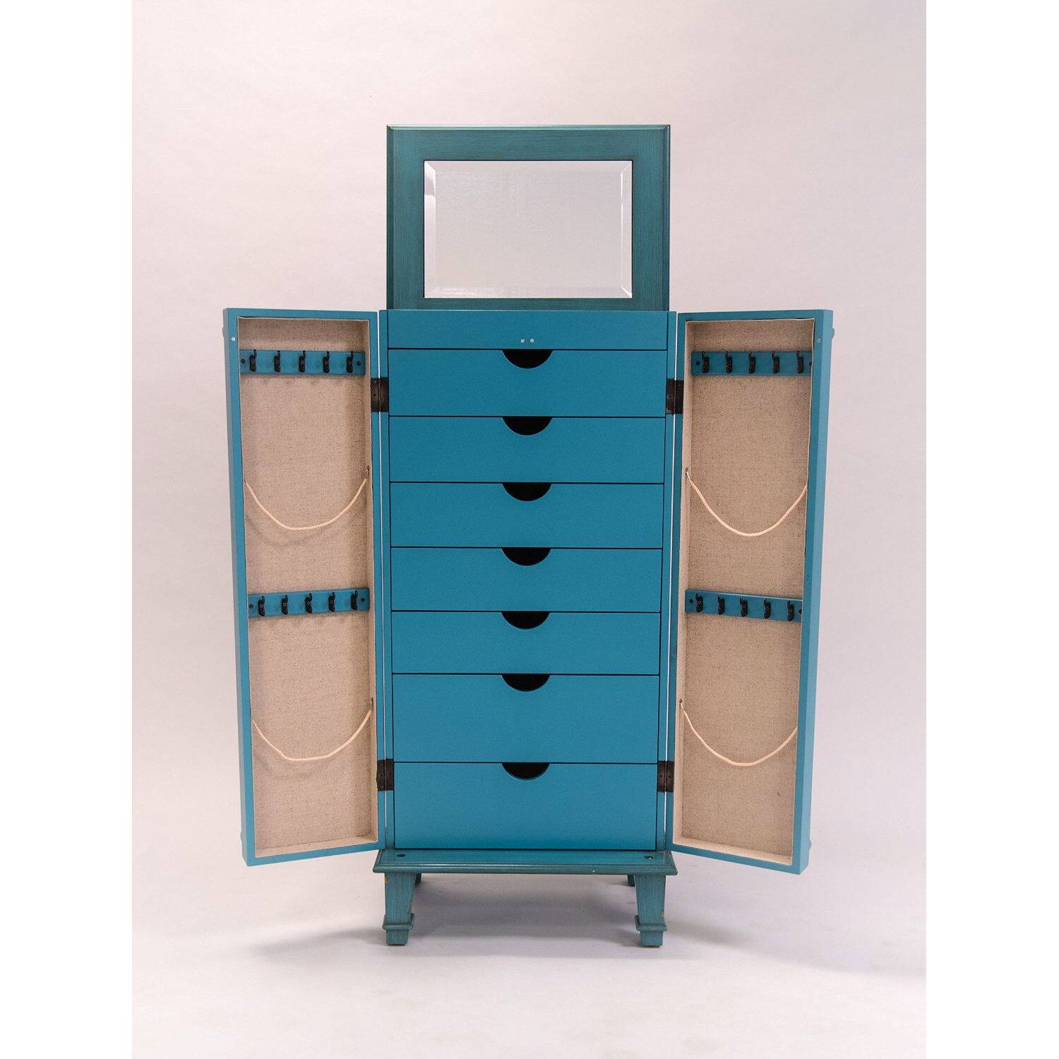 Left. Hivvago - Vintage Turquoise Hand Painted Jewelry Armoire with Antique Drawer Pulls - Turquoise.