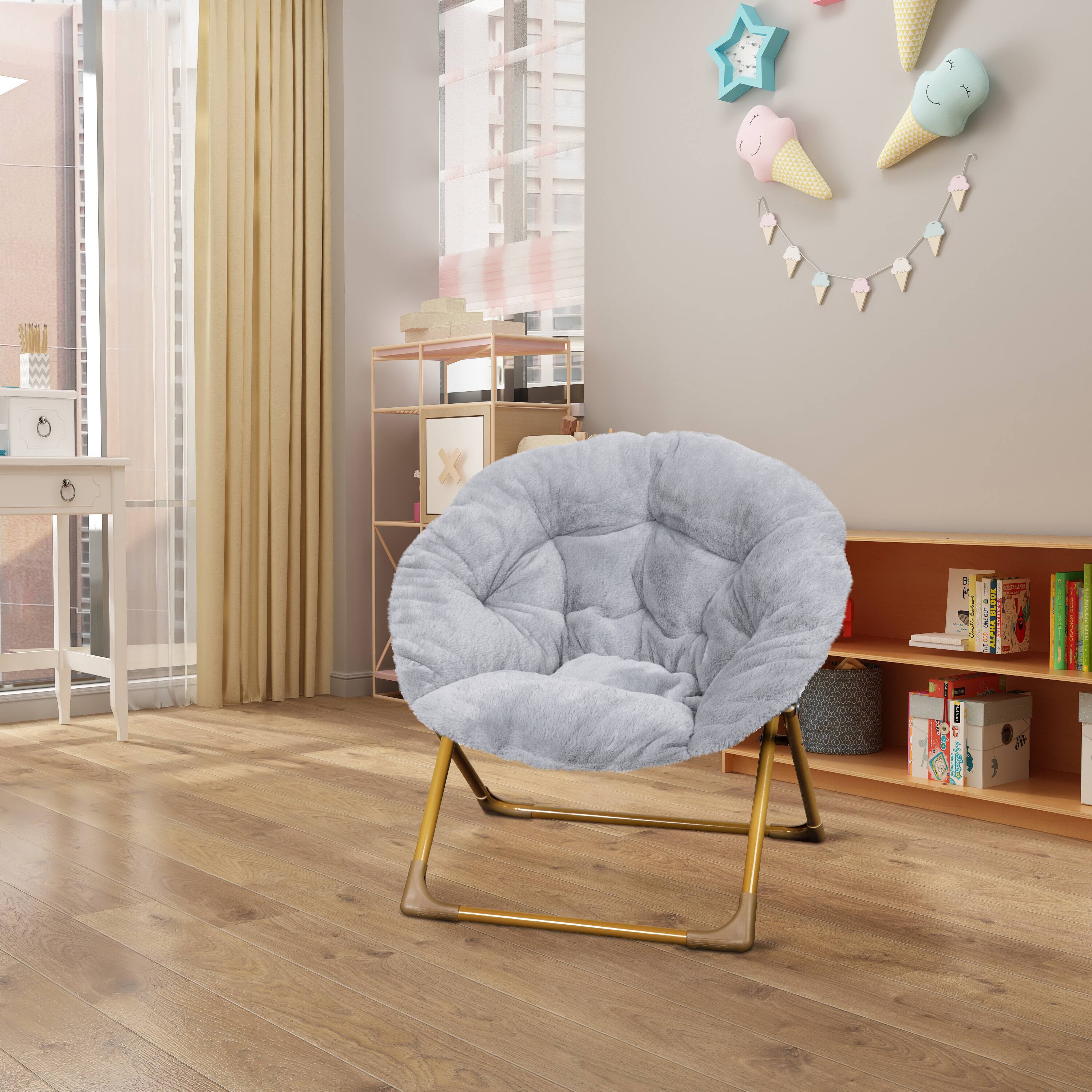 Alt View 1. Emma + Oliver - Io Kid's Folding Saucer Chair with Cozy Faux Fur Upholstery and Metal Frame for Playroom, Bedrooms, Nursery and More - Gray Faux Fur/Soft Gold Frame.