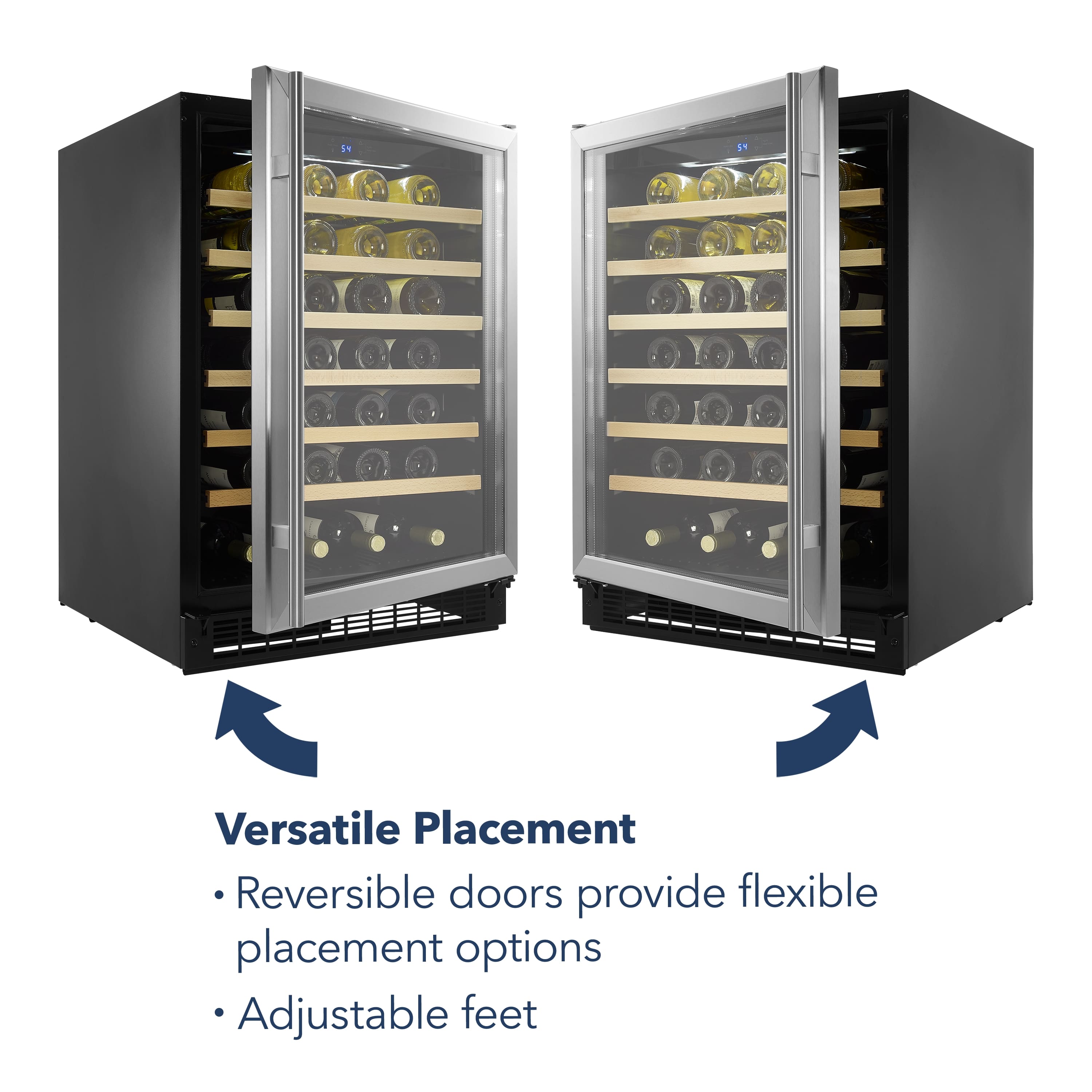 Versatile Placement: Reversible doors provide flexible placement options. Adjustable feet offer a convenient way to level the wine refrigerator on uneven surfaces.