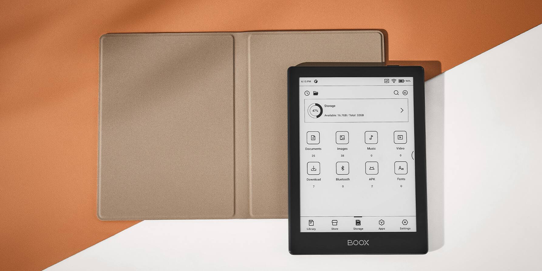 4.75 PM 47% Storage Available 15.700 Total 3268 Documents Images Music Video Download Blelooth APK Fonts Library Storage Apps Settings BOOX