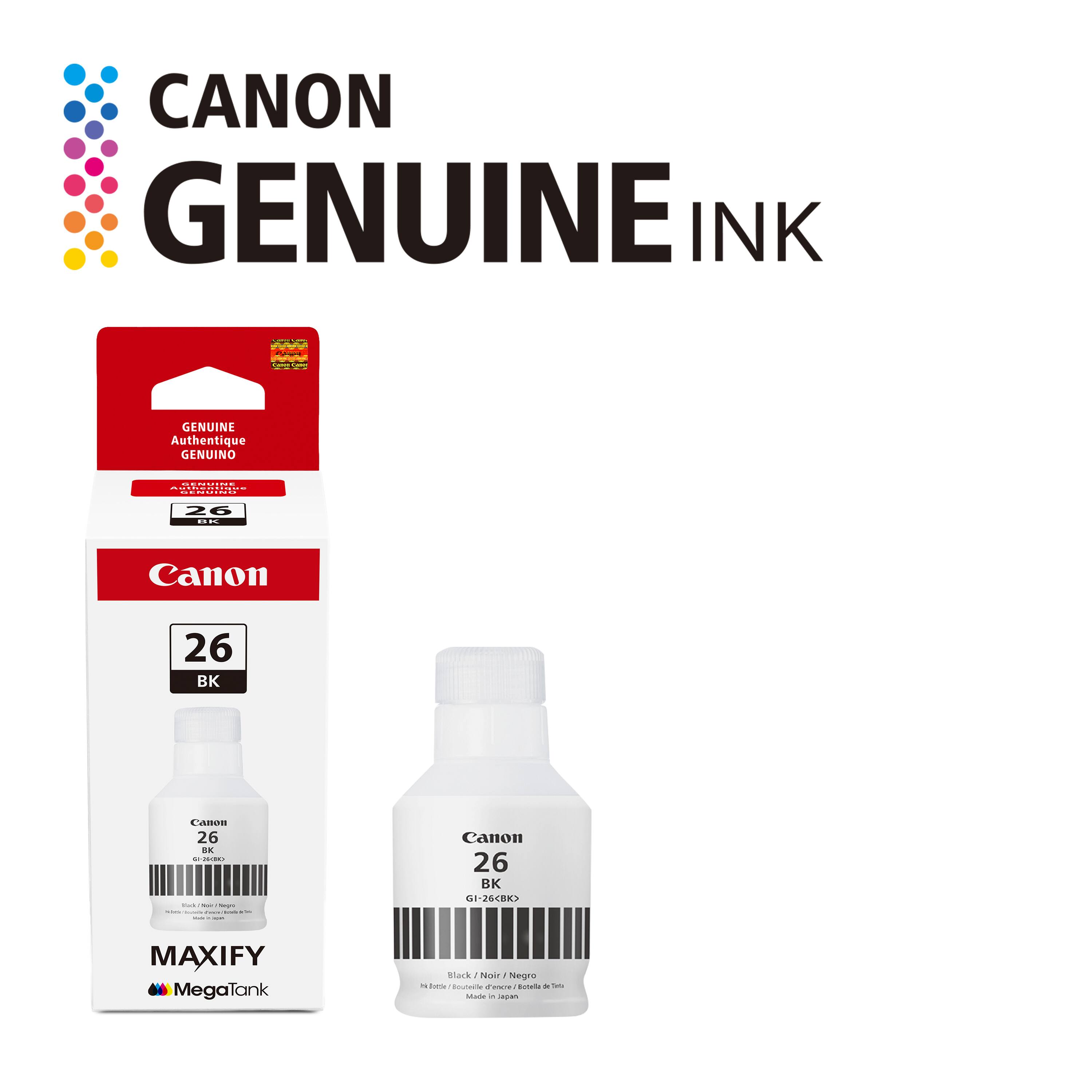 CANON GENUINE INK  
GENUINE Authentique GENUINO  
LENDNI-OR 26  
Canon 26 BK 01-26BK  
MAXIFY MegaTank  
Negro  
dntall d  
auan