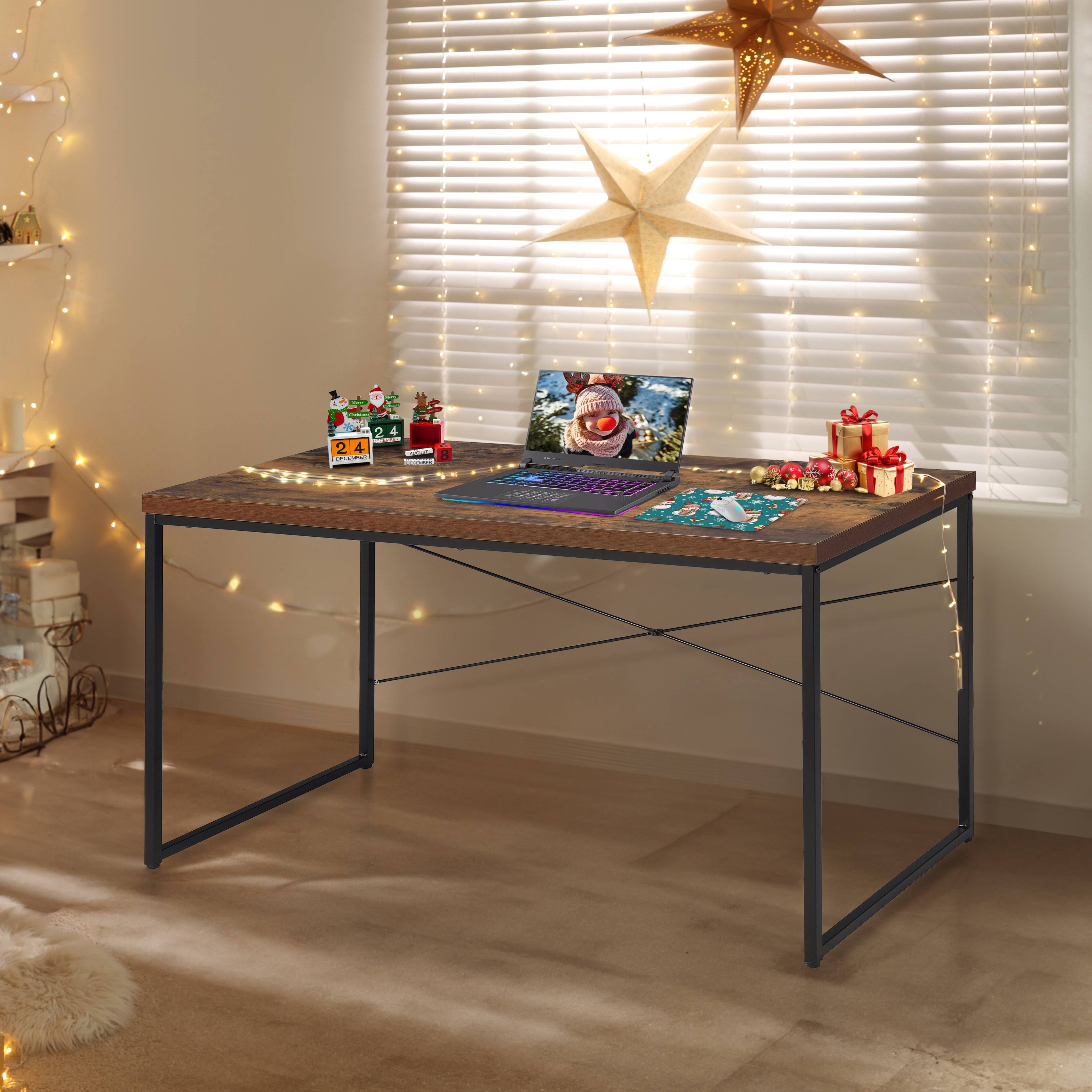 Front. TinyHomie - Oak and Black Finish Writing Desk Dressing Table Game Table Small Dining Table with Metal Legs - Oak.