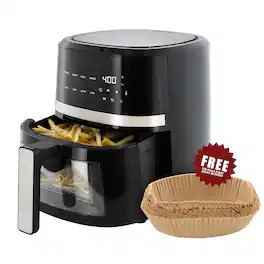 MegaChef - 4 Quart Digital LED Display Electric Air Fryer with Transparent Window with 125 Piece Paper Liners - Black