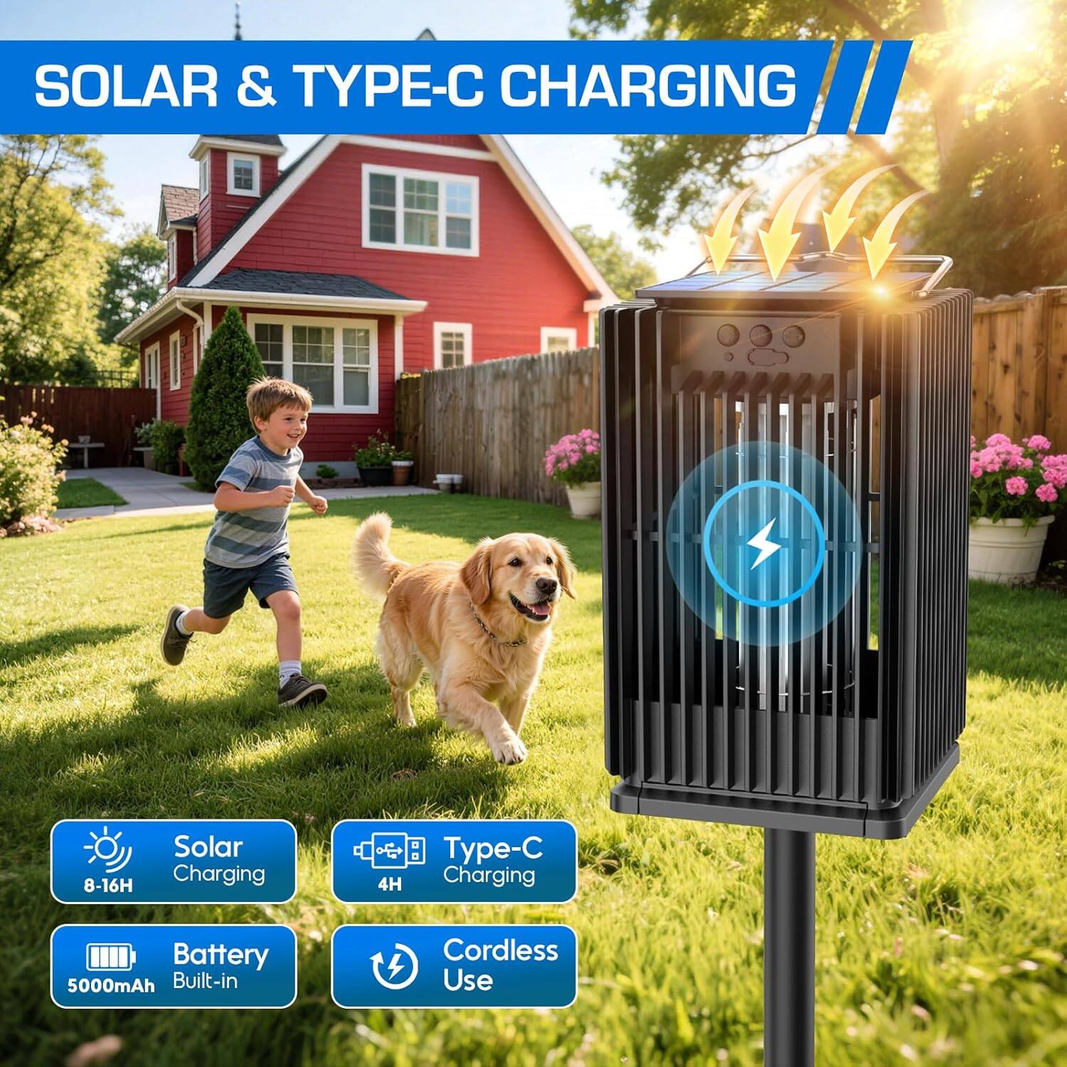 SOLAR & TYPE-C CHARGING

- Solar Charging: 8-16H
- Type-C Charging: 4H
- Battery: 5000mAh Built-in
- Cordless Use