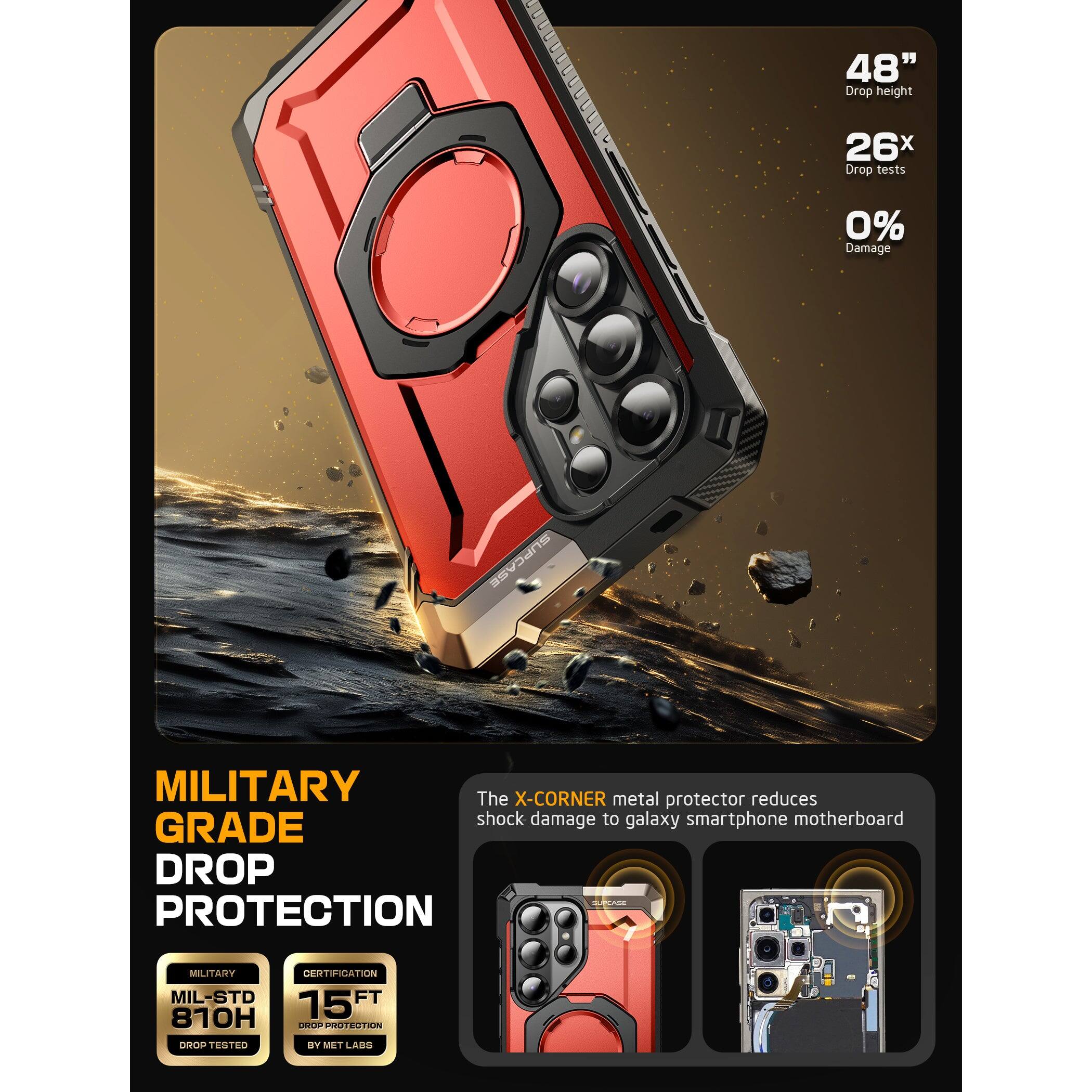 48" Drop height  
26x Drop tests  
0% Damage  

MILITARY GRADE DROP PROTECTION  

The X-CORNER metal protector reduces shock damage to galaxy smartphone motherboard  

MILITARY  
MIL-STD 810H  
DROP TESTED  

CERTIFICATION  
15 FT  
DROP PROTECTION  
BY MET LABS