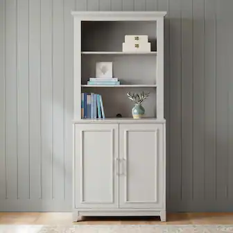 Martha Stewart - Lily Pond 2-Piece Modular Cabinet and Hutch Set with Premium Hardware, Open Top Shelves, Soft-Close Doors - Sharkey Gray/Brushed Stainless Steel Hardware