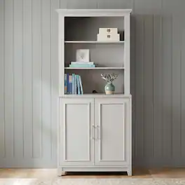 Martha Stewart - Lily Pond 2-Piece Modular Cabinet and Hutch Set with Premium Hardware, Open Top Shelves, Soft-Close Doors - Sharkey Gray/Brushed Stainless Steel Hardware