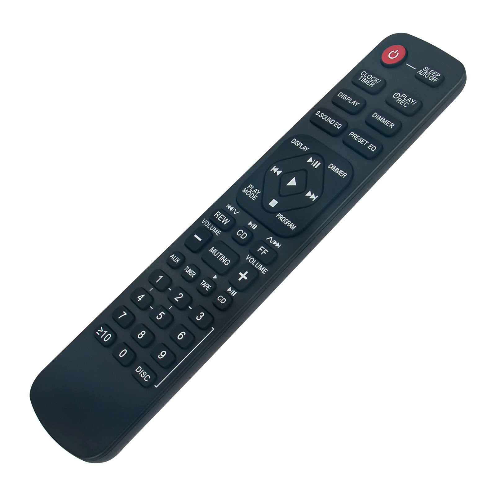 Sure, here is the corrected and grouped text from the image:

- AUTO OFF
- SLEEP TIMER
- DISPLAY
- CLOCK TIMER
- PLAY/REC
- S.SOUND EQ
- DIMMER
- DISPLAY
- PRESET EQ
- DIMMER
- PLAY MODE
- PROGRAM
- VOLUME
- FF
- REW
- AUX
- VOLUME
- TUNER
- TAPE
- CD
- MUTE
- 1
- 2
- 3
- 4
- 5
- 6
- 7
- 8
- 9
- 0
- DISC
- ±10
- DISC