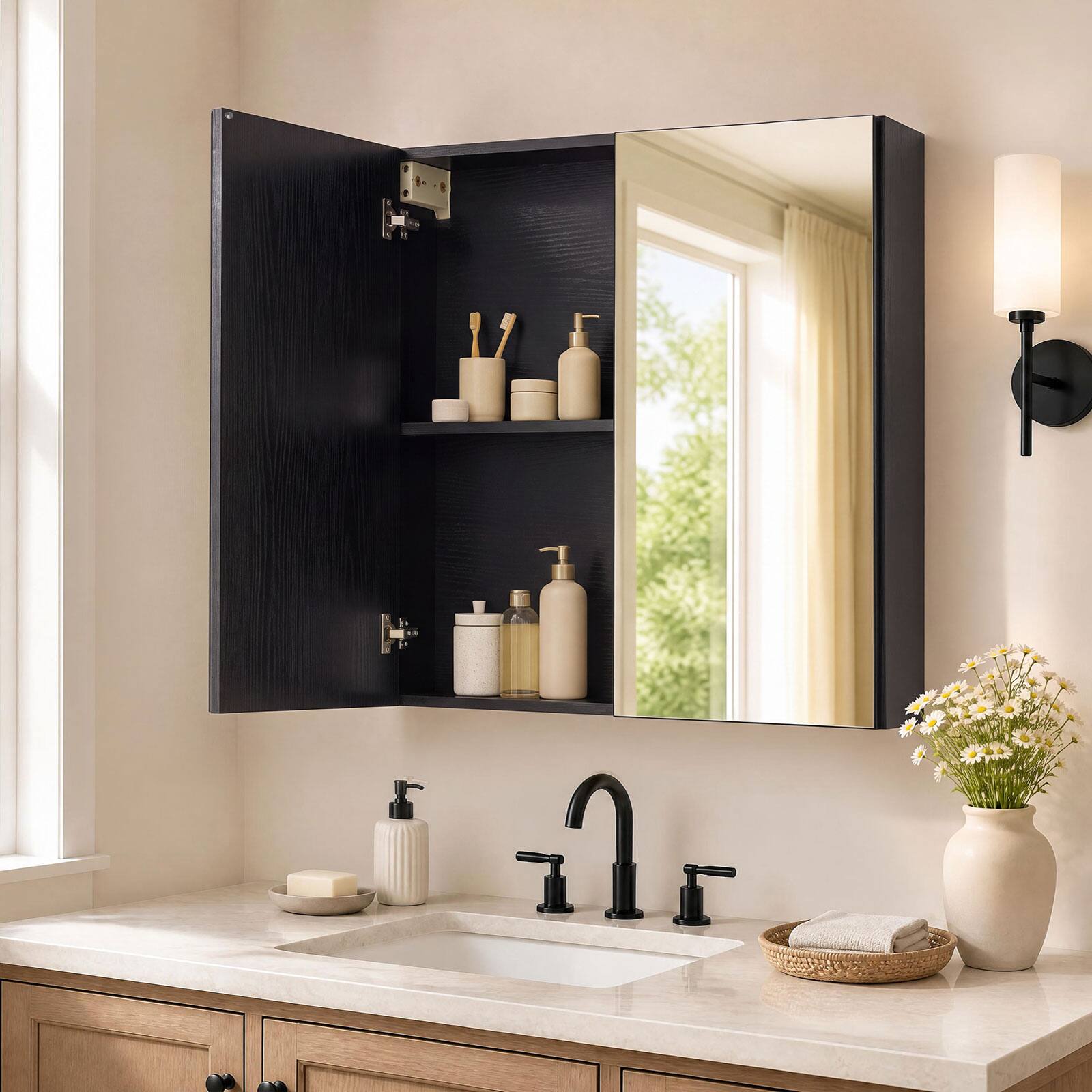 Alt View 3. Costway - Costway 24.5" x 25.5" Bathroom Wall Cabinet with Double Mirrored Doors & Adjustable Shelf - Black.