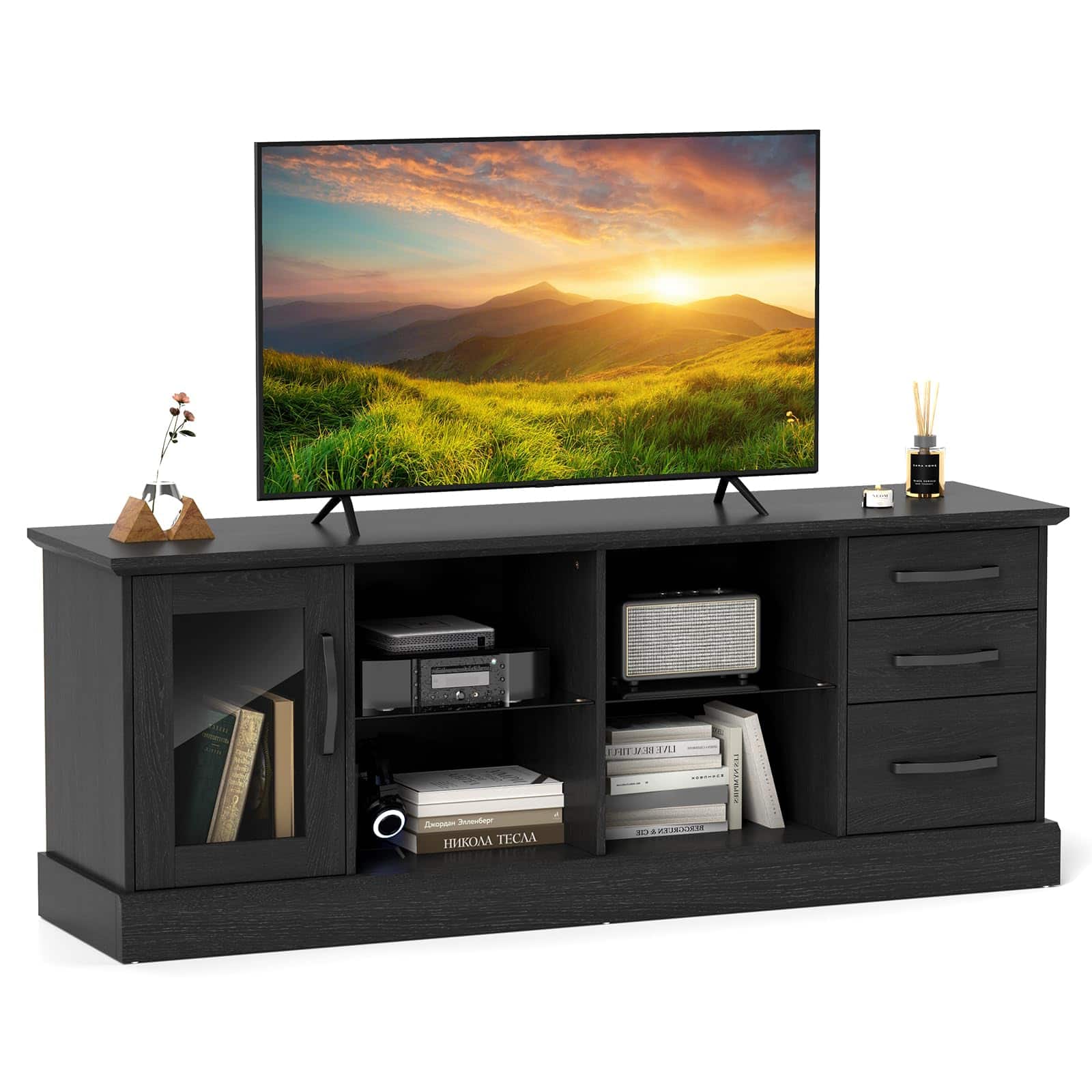 Ecooso - 63 Inch Media Console Table with 3 Drawers and 2 Glass Display Shelves - Black